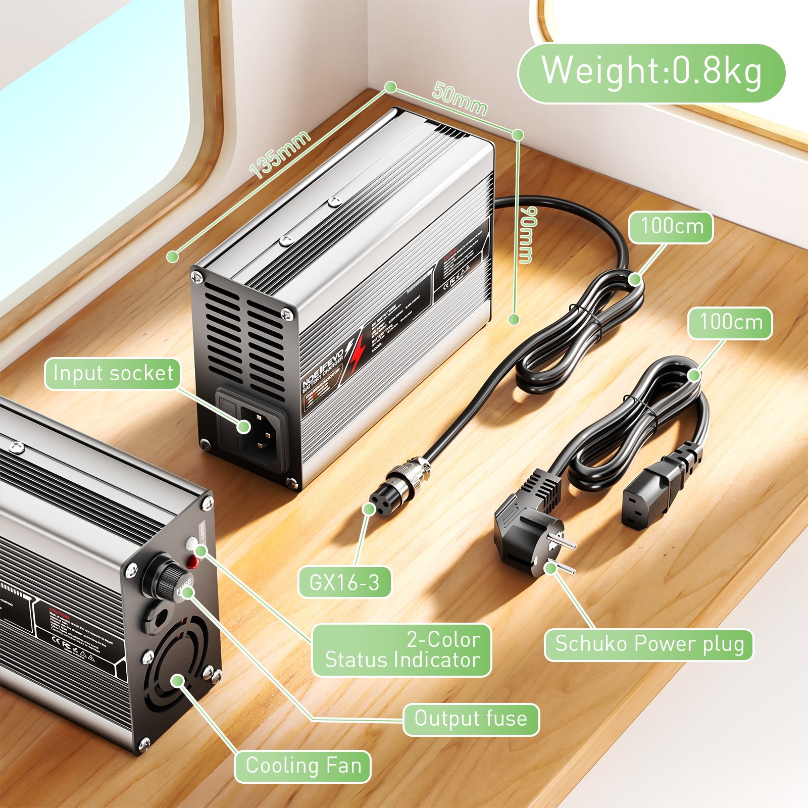 מטען ליתיום NOEIFEVO 54.6V 2A 2.5A 3A עבור סוללות Li-Ion Lipo 13S 48.1V, מאוורר קירור, כיבוי אוטומט