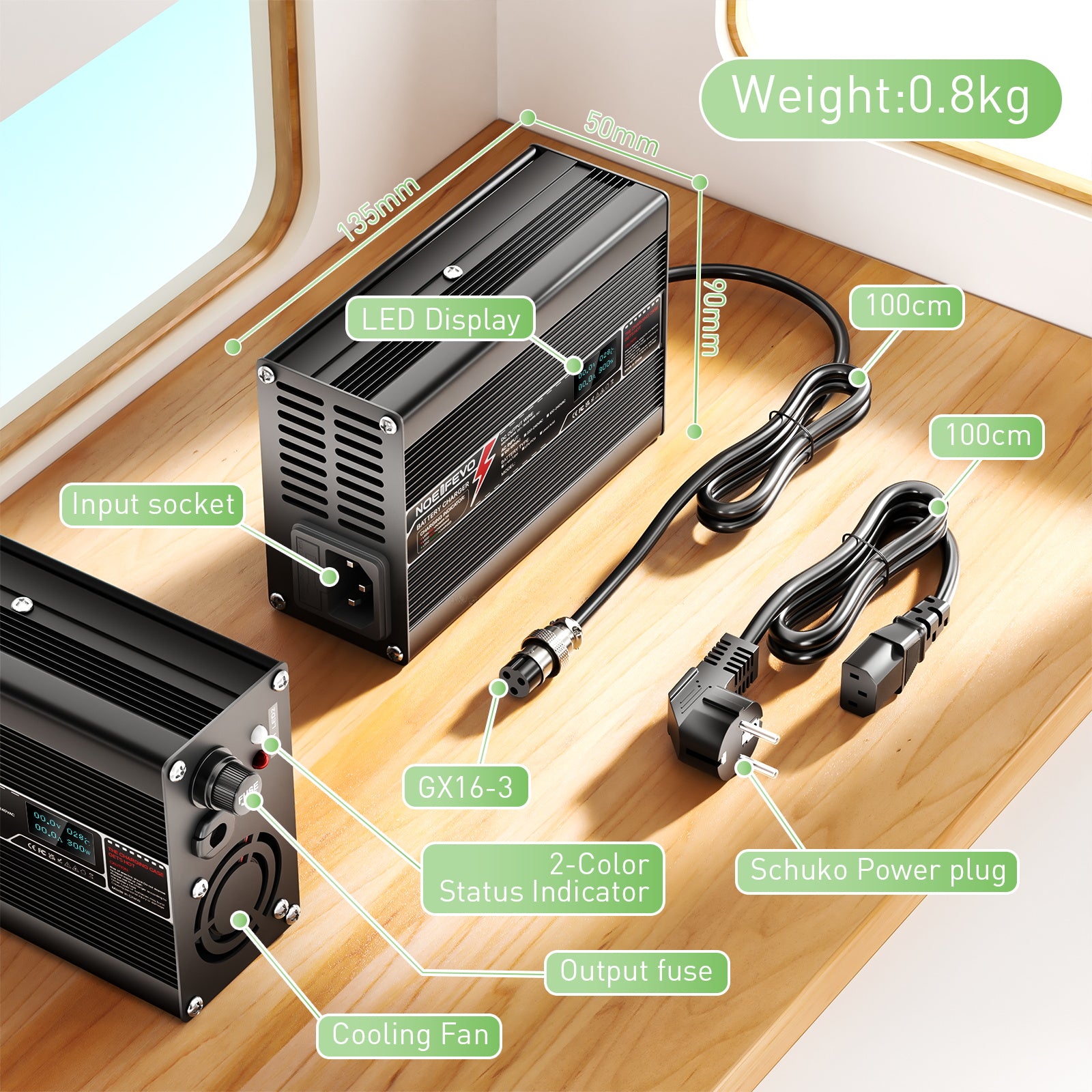 NOEIFEVO 58.4V 2A Carregador de Bateria LiFePO4 para Bateria LiFePO4 16S 48V 51.2V, com Display LCD, Ventilador de Refrigeração, Desligamento Automático