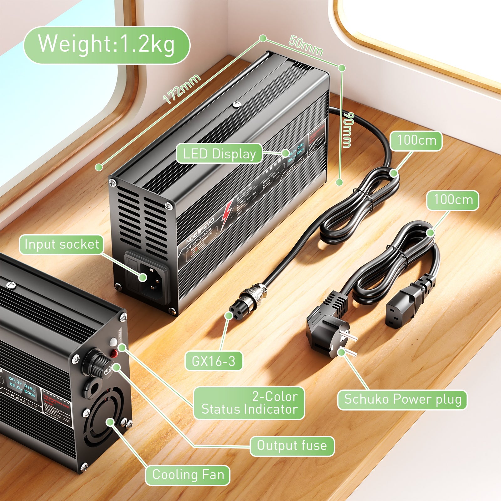 NOEIFEVO 54.75V 8A LiFePO4-batterioplader til 15S 48.0V LiFePO4 lithiumbatteri, LED-display, aluminiumhus