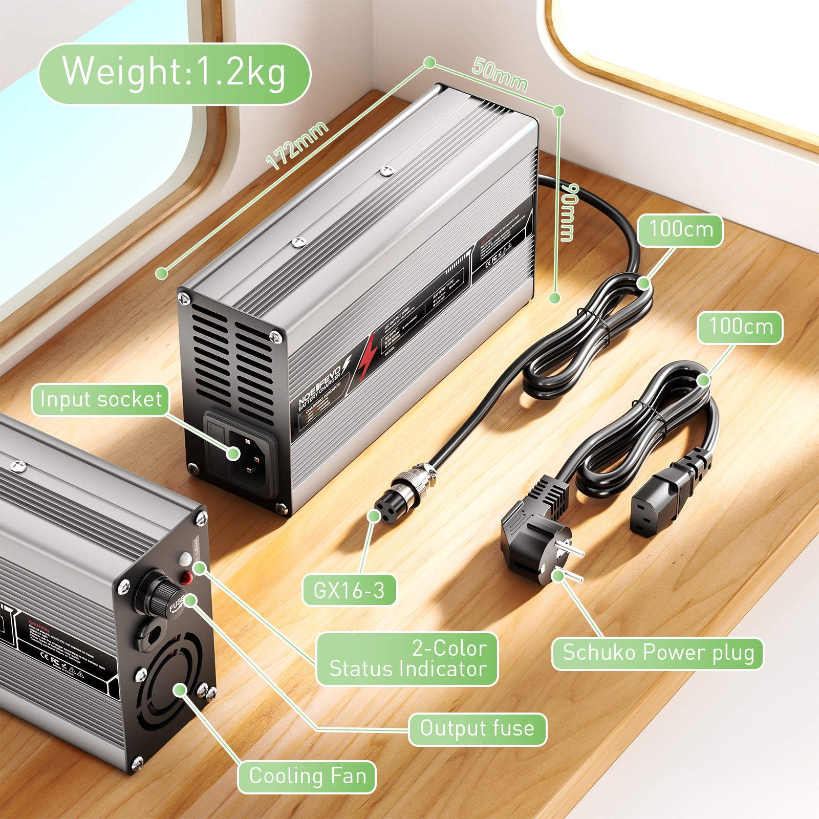 NOEIFEVO 73V 6A CARREGADOR DE BATERIA LiFePO4 PARA BATERIA 64V 20S, DESLIGAMENTO AUTOMÁTICO, CARCAÇA DE ALUMÍNIO, COM VENTILADOR (PRATA).