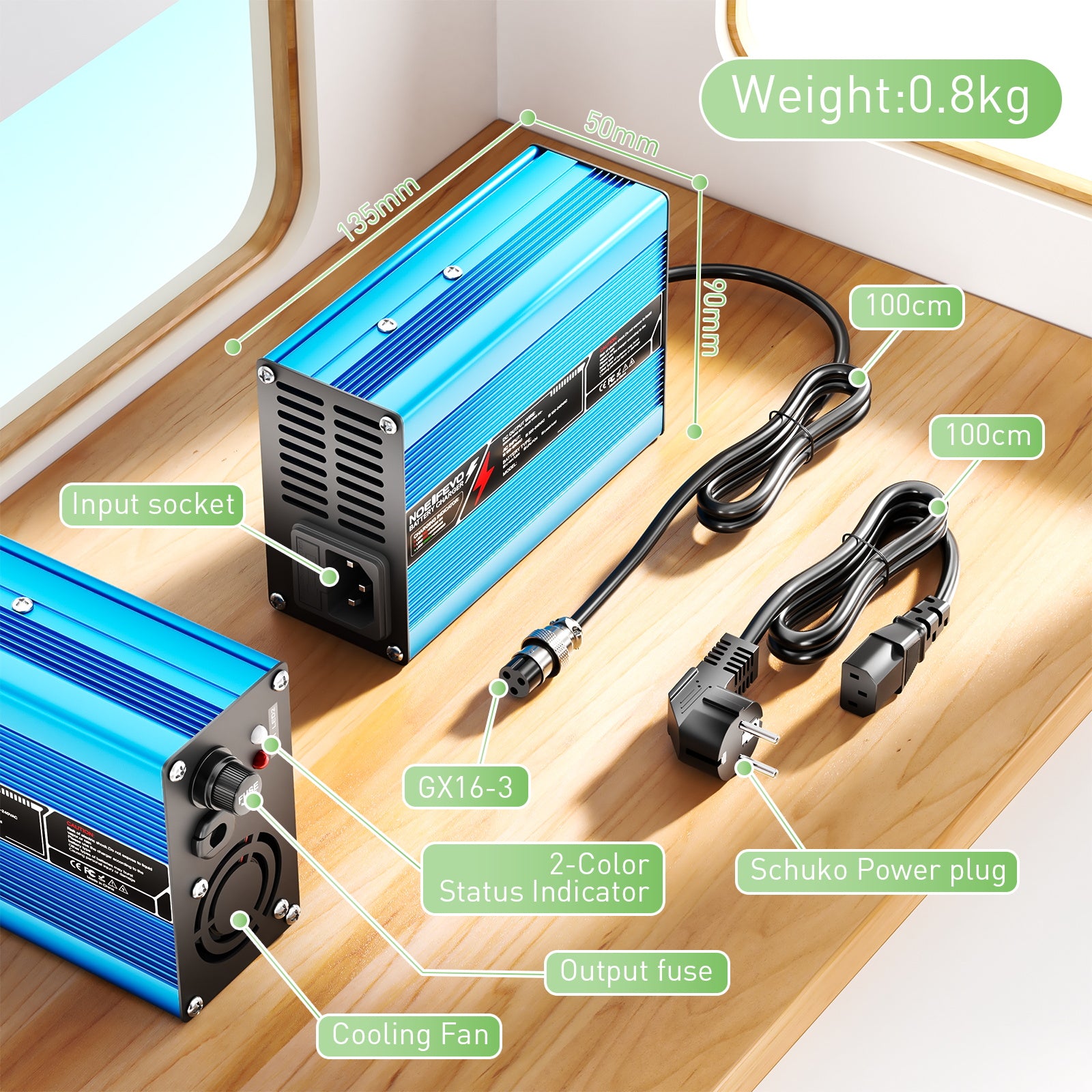 NOEIFEVO 33.6V 2A 3A 4A 5A Carregador de Lítio para Baterias Li-Ion Lipo 8S 29.6V, Ventilador de Resfriamento, Desligamento Automático (AZUL)