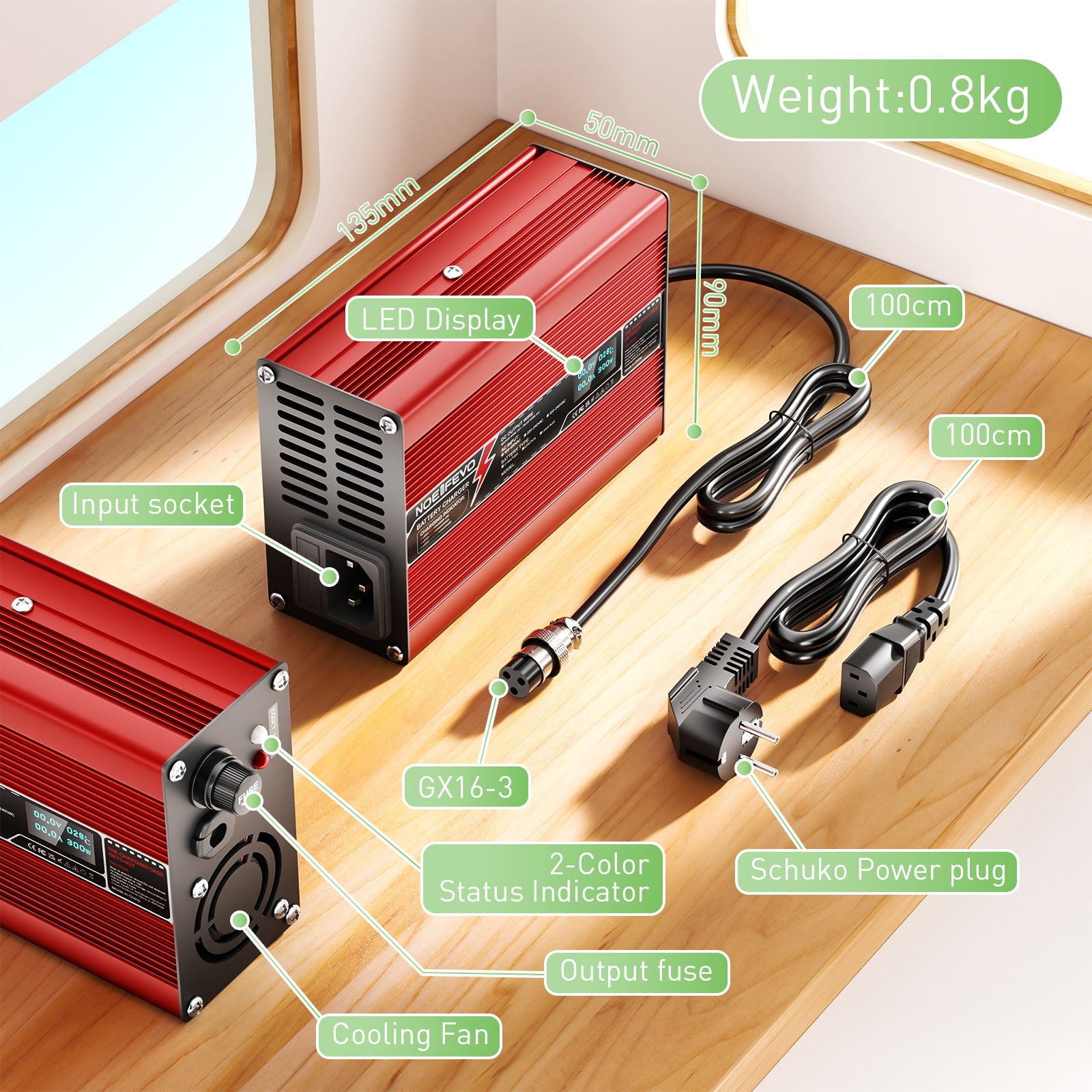 NOEIFEVO 29.4V 2A 3A 4A 5A Lithium-lader til 7S 25.9V Li-Ion Lipo-batterier, med LCD-display, køleventilator, automatisk slukning (RØD)