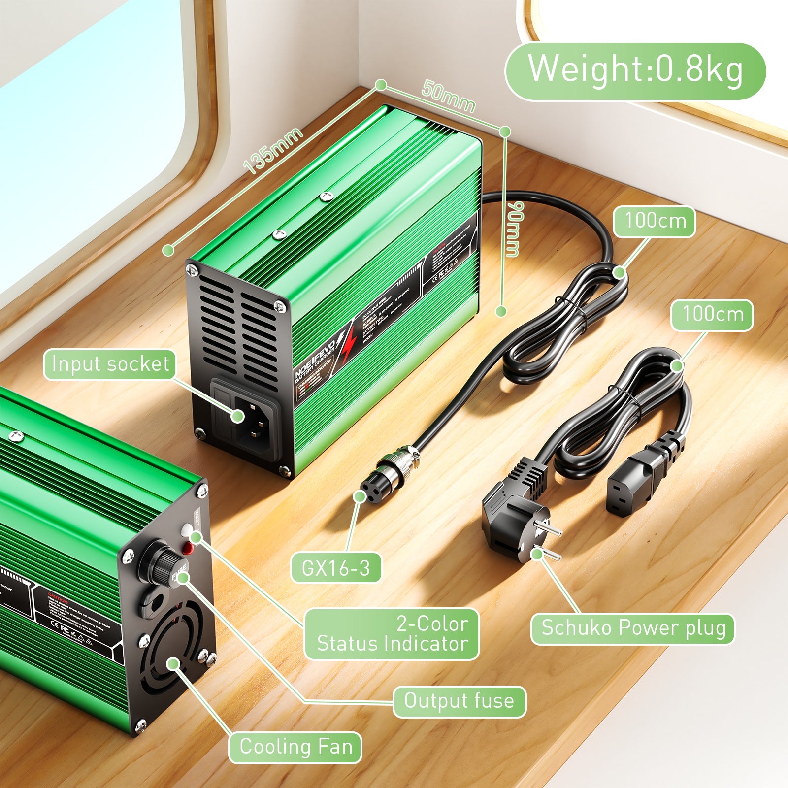 NOEIFEVO 58.4V 3A LiFePO4 Batterijlader voor 16S 48V 51.2V LiFePO4 batterij, met koelventilator, automatische uitschakeling (GROEN)