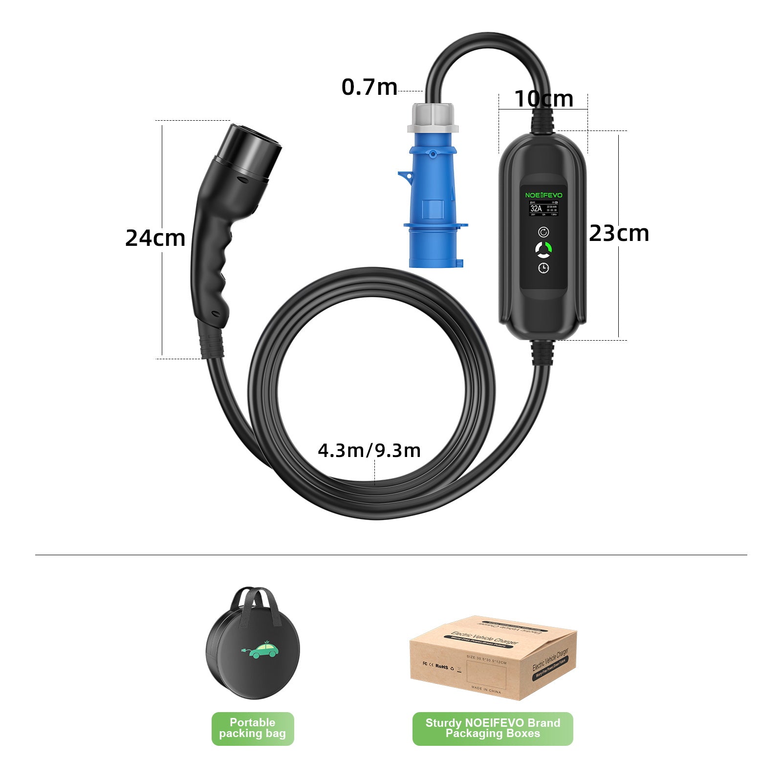 NOEIFEVO 7.2KW EV Cable de Carga, Tipo 2 32A 1 Fase EV Cargador, Móvil EVSE Estación de Carga con CEE Enchufe Azul