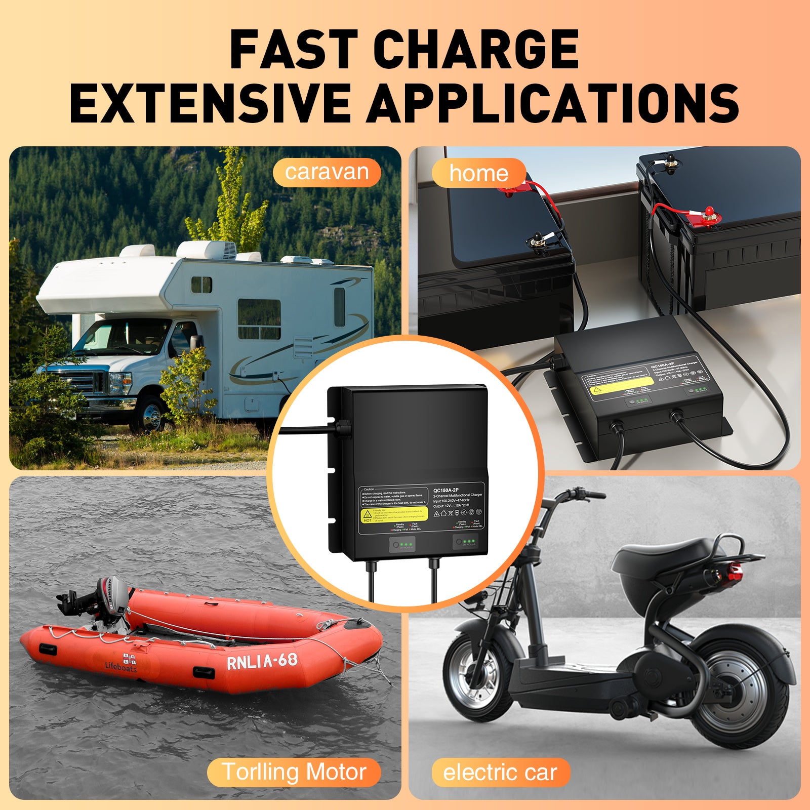 NOEIFEVO Carregador de bateria universal 12V 20A 2 Bancos (10A/Banco), carregador impermeável 12V para LiFePO4, Lítio e Ácido-Chumbo, para autocaravana, barco, motocicleta, cortador de grama, motor de arrasto e bateria de chumbo-ácido