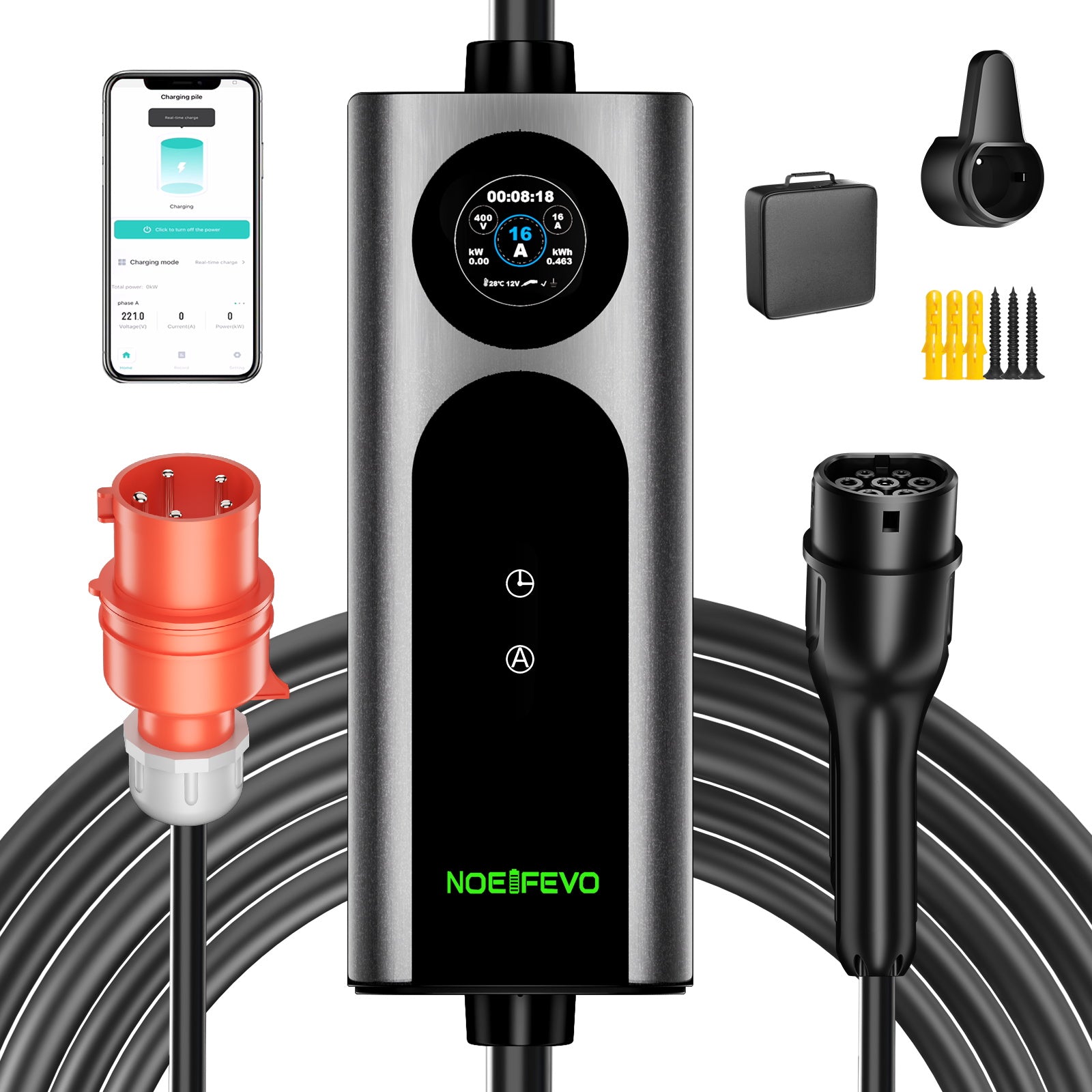 Noeifevo Wallbox EV Móvel Tipo 2, Carregador EV 11KW 3-fases CEE16A com Potência de Carga Ajustável, Cabo de Carregamento EV de 5m/10m/15m para Model Y/3, ID.3/4/5, MG4, EX30, e-up, e-tron, Zoe e outros veículos elétricos.

