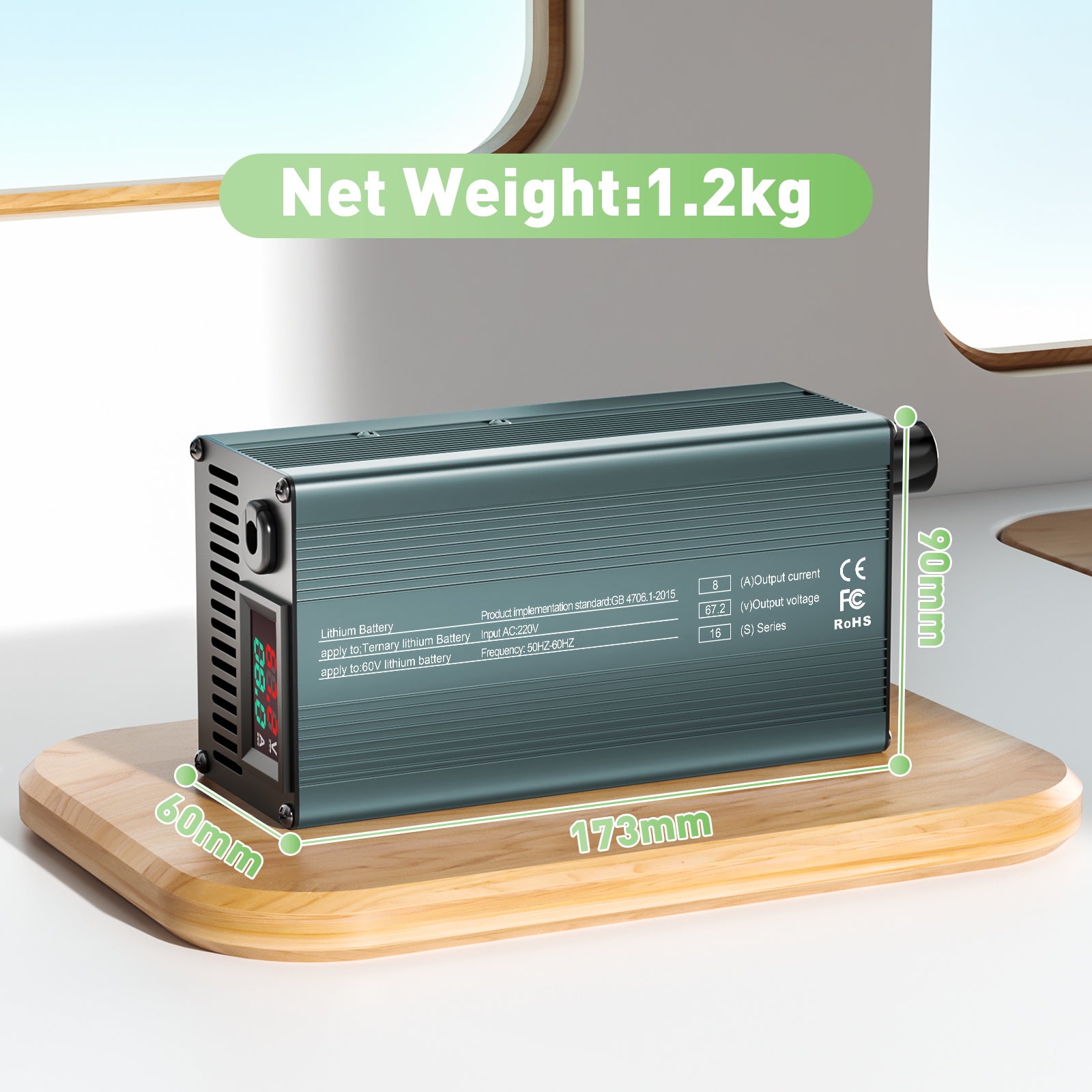 NOEIFEVO 67.2V 8A 16S Lithium nabíjačka batérií pre 16S 60V Li-Ion batérie, nastavenie prúdu 1-8A, pomalé a rýchle nabíjanie (MLC1300)