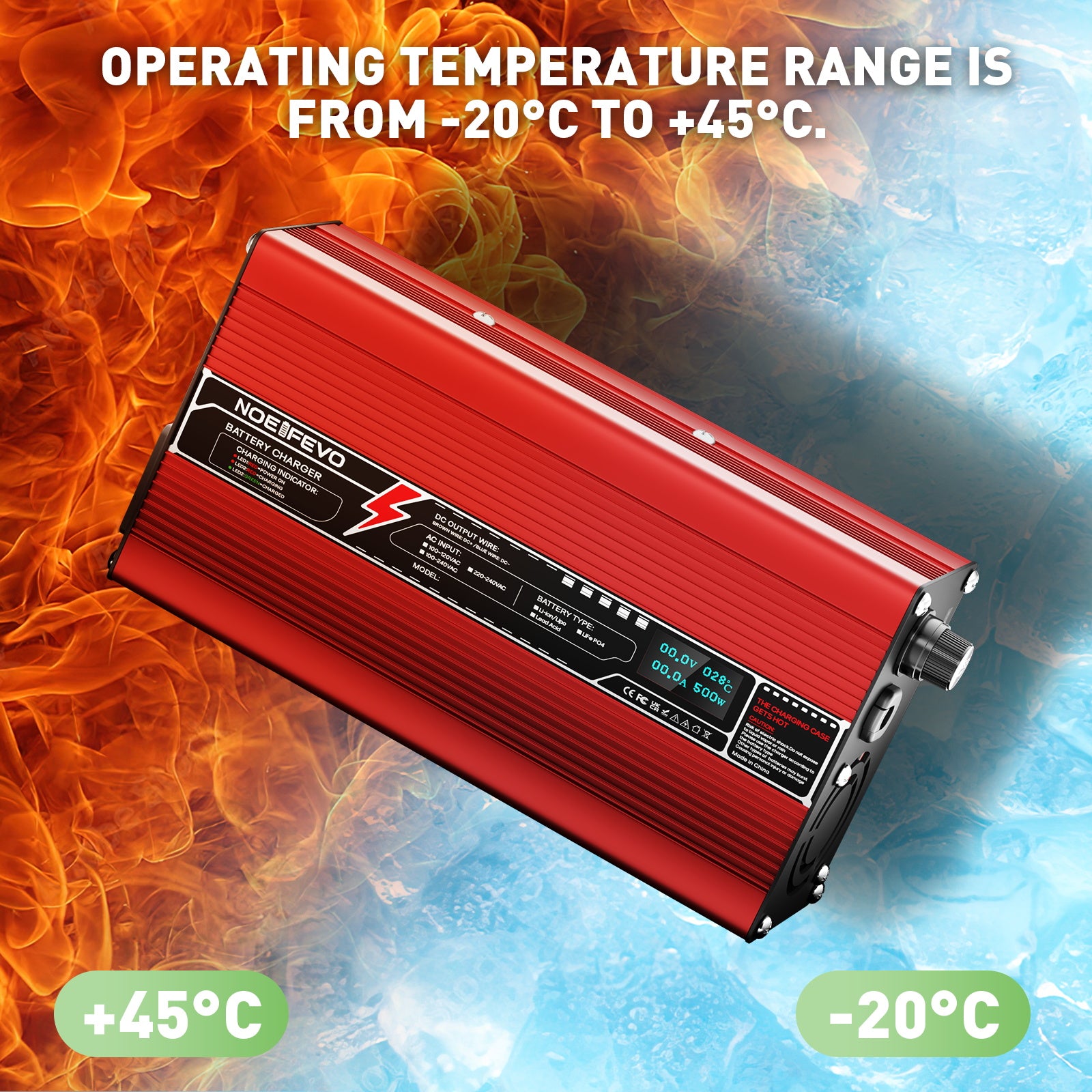 NOEIFEVO 36V 10A Blybatterilader, Opladningsspænding 41,4V-44,1V, automatisk slukning, OLED-display, aluminiumhus, med blæser