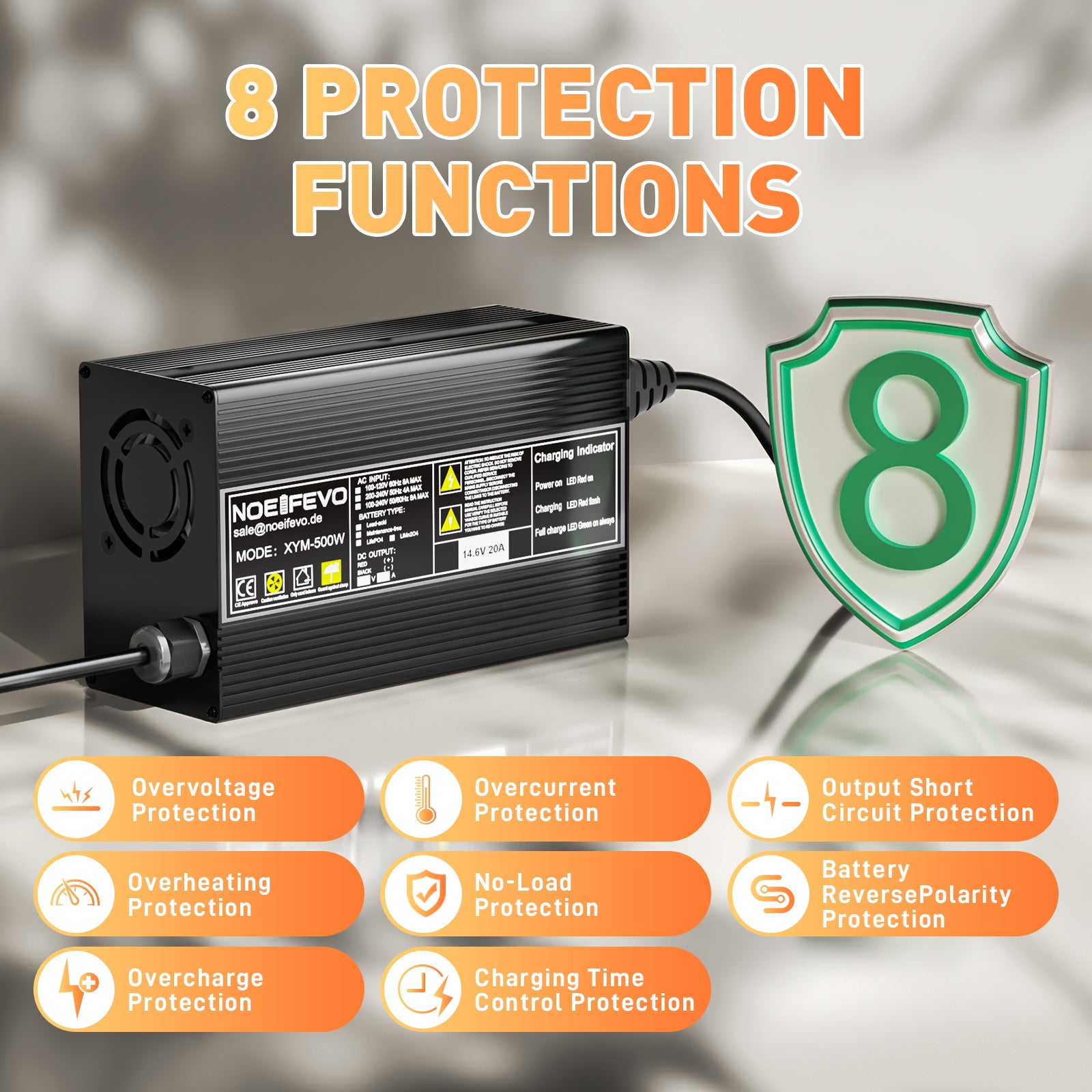 Noeifevo 14,6V 20A LiFePO4 Nabíječka baterií  pro lithiovou baterii 12V 12,8V LiFePO4, 0V BMS Activate, Automatické vypnutí, Kryt z hliníkové slitiny