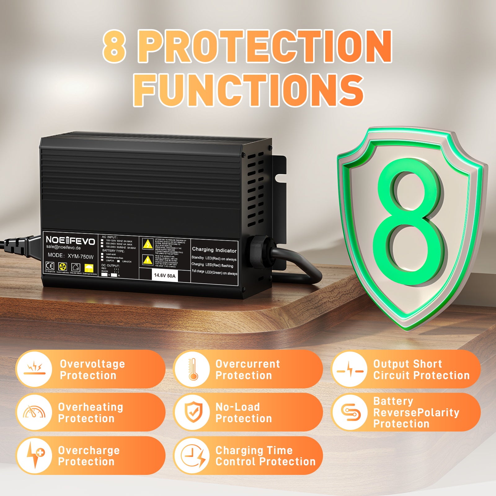 מטען סוללות Noeifevo 14.6V 50A מהיר ליתיום LiFePO4 לסוללת 12V(12.8V) LiFePO4, הפעלה של 0V BMS, כיבוי אוטומטי עם הגנה מלאה