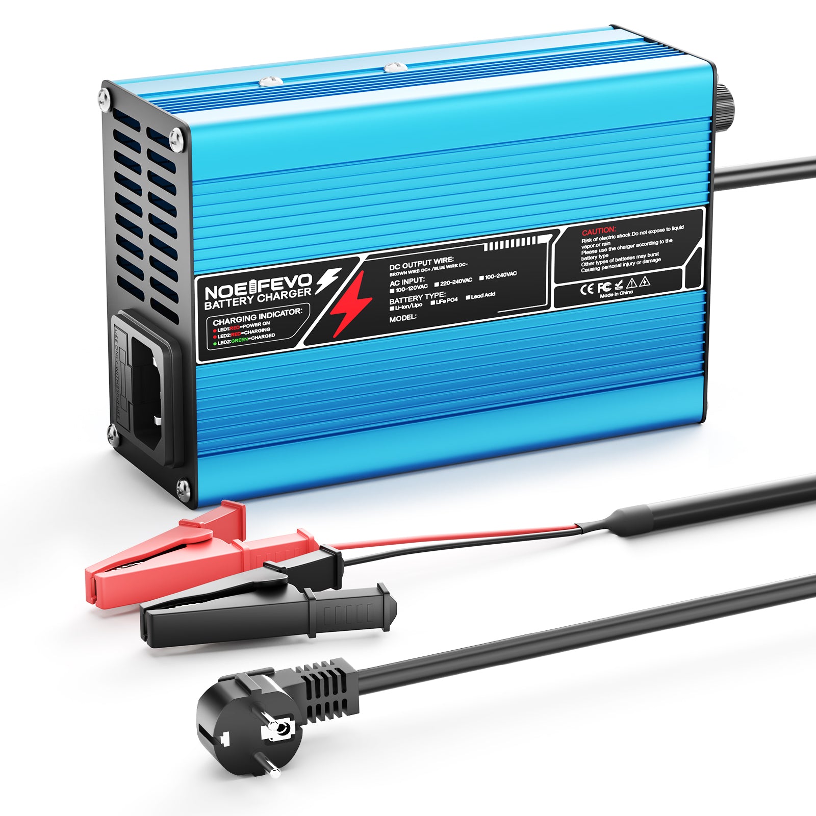 NOEIFEVO 12,6V 10A lithium-oplader til 3S 11,1V Li-Ion Lipo-batterier, køleventilator, automatisk afbrydelse (BLÅ)