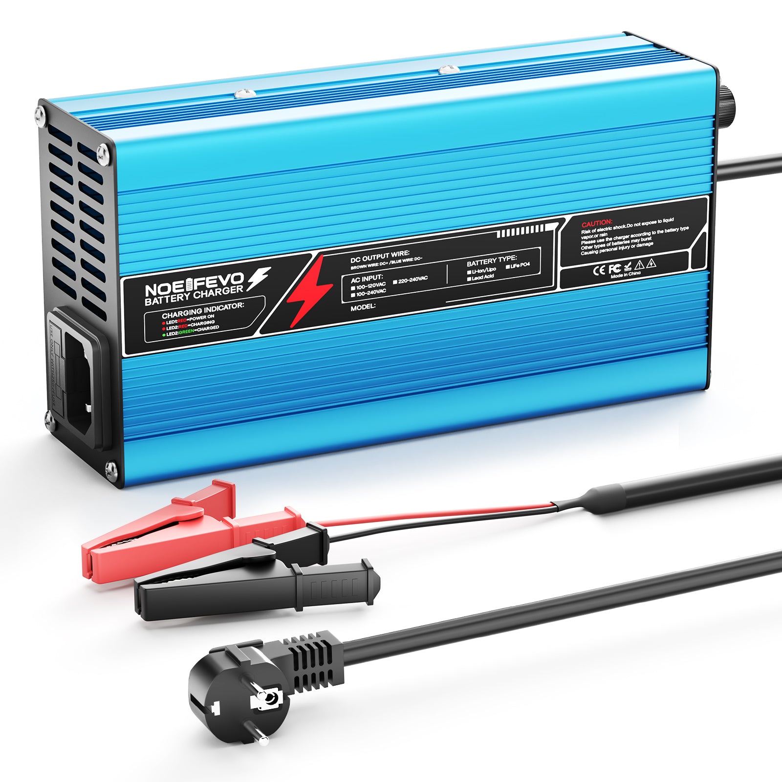 NOEIFEVO 42V 10A 10S Lithium-batterijlader, voor 10S 37V Li-Ion batterij, automatische uitschakeling, aluminium behuizing, met ventilator (blauw)