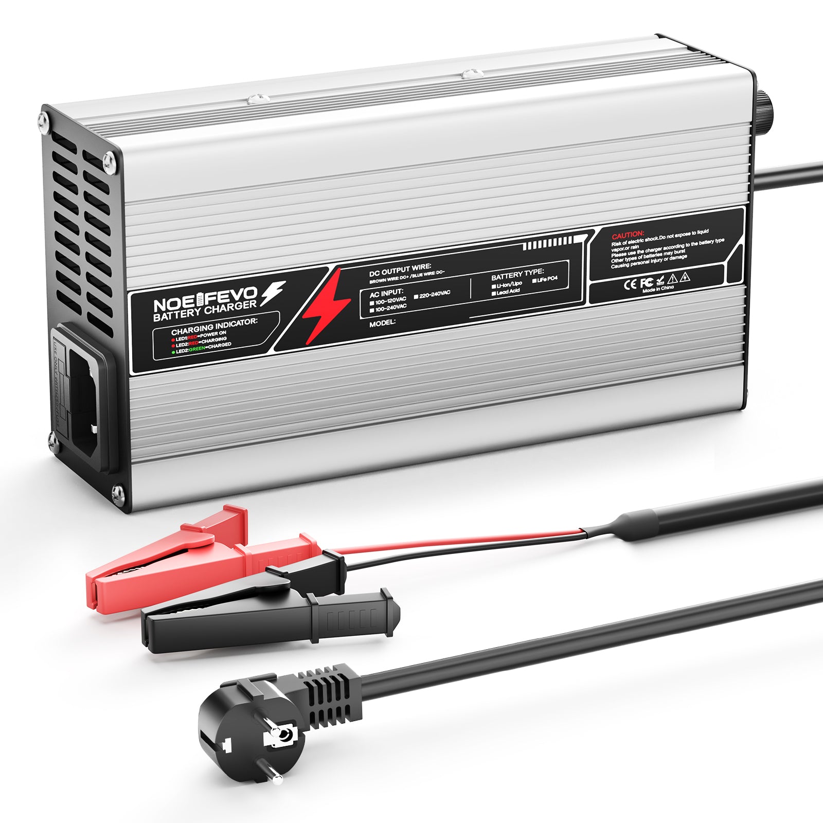 NOEIFEVO 43,8 V 10 A LiFePO4 Batterieladegerät für 38,4 V 10S-Batterie, automatische Abschaltung, Aluminiumgehäuse, mit Lüfter (Silber)