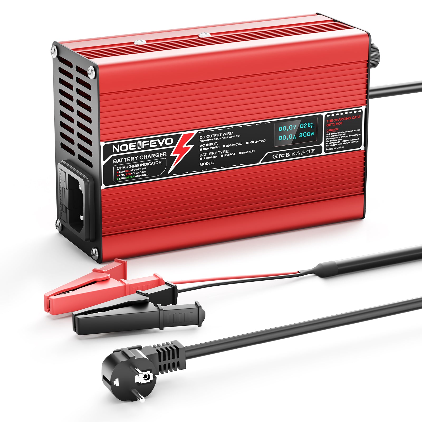 NOEIFEVO 12,6V 10A Carregador de Lítio para Baterias 3S 11,1V Li-Ion Lipo, Ventilador de Resfriamento, Desligamento Automático (Vermelho)