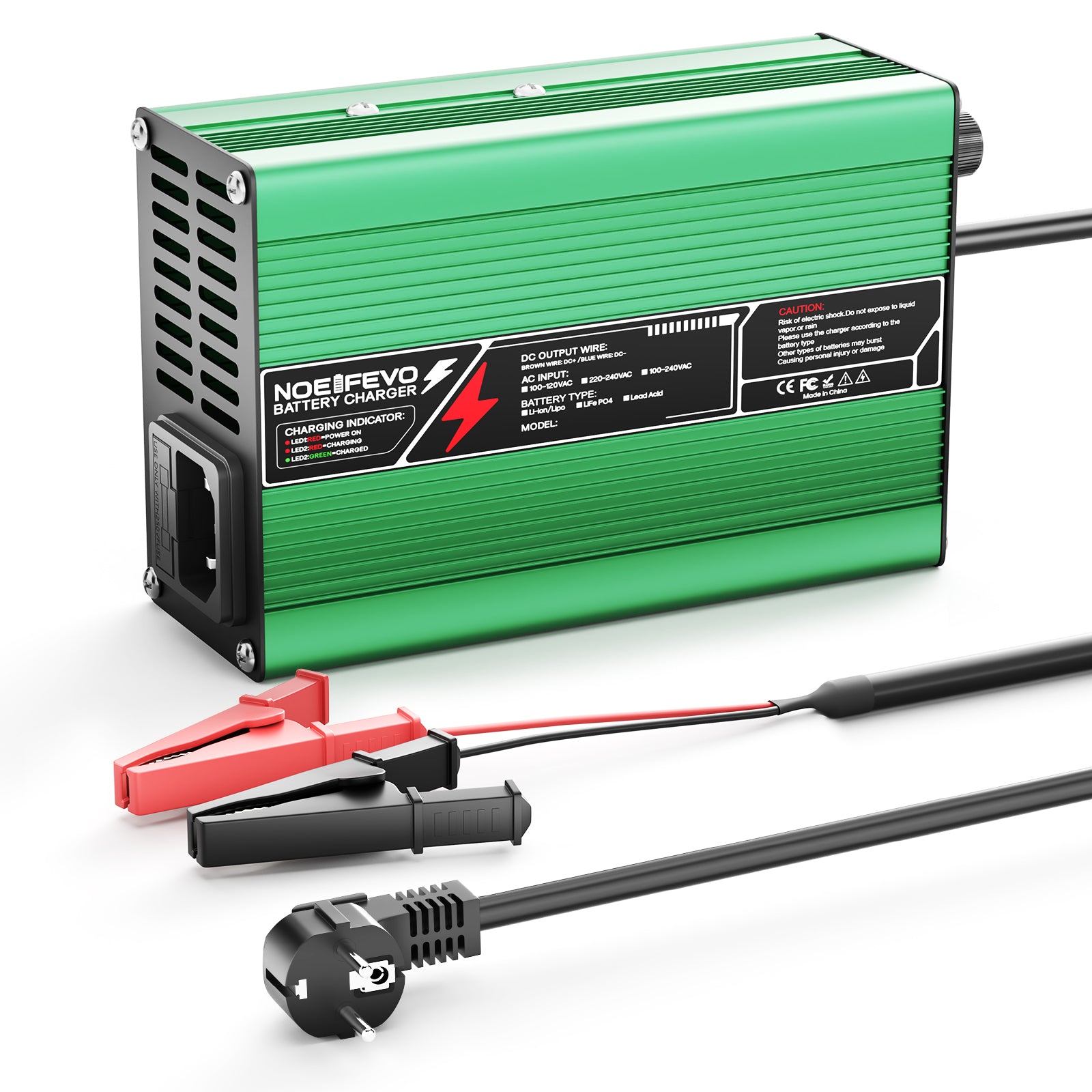 NOEIFEVO 29.4V 2A 3A 4A 5A Carregador de Lítio para Baterias Li-Ion Lipo 7S 25.9V, Ventilador de Resfriamento, Desligamento Automático (VERDE)