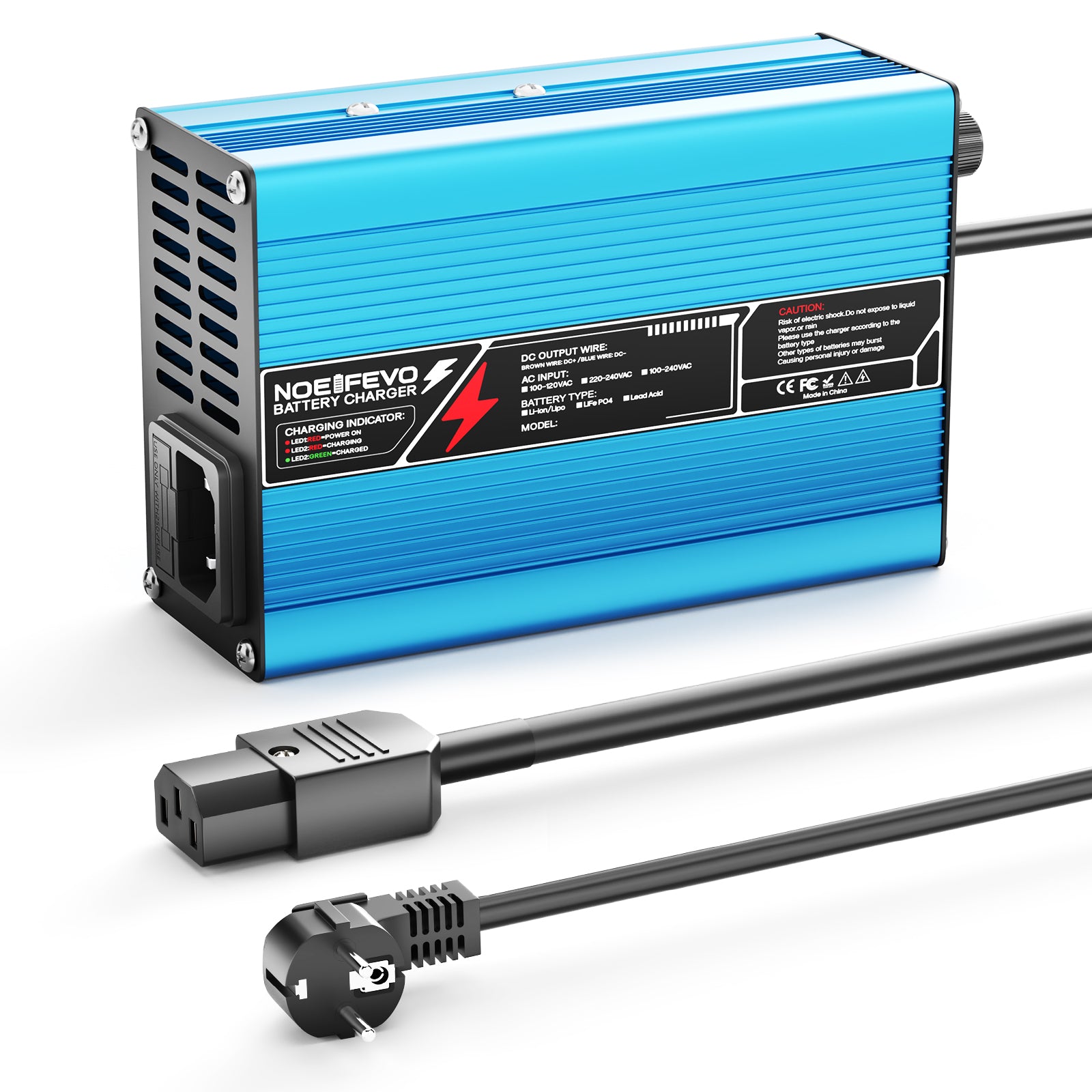 Carregador de Lítio NOEIFEVO 58.8V 2A 2.5A 3A para Baterias Li-Ion Lipo 14S 51.8V, com Ventilador de Refrigeração, Desligamento Automático (AZUL)