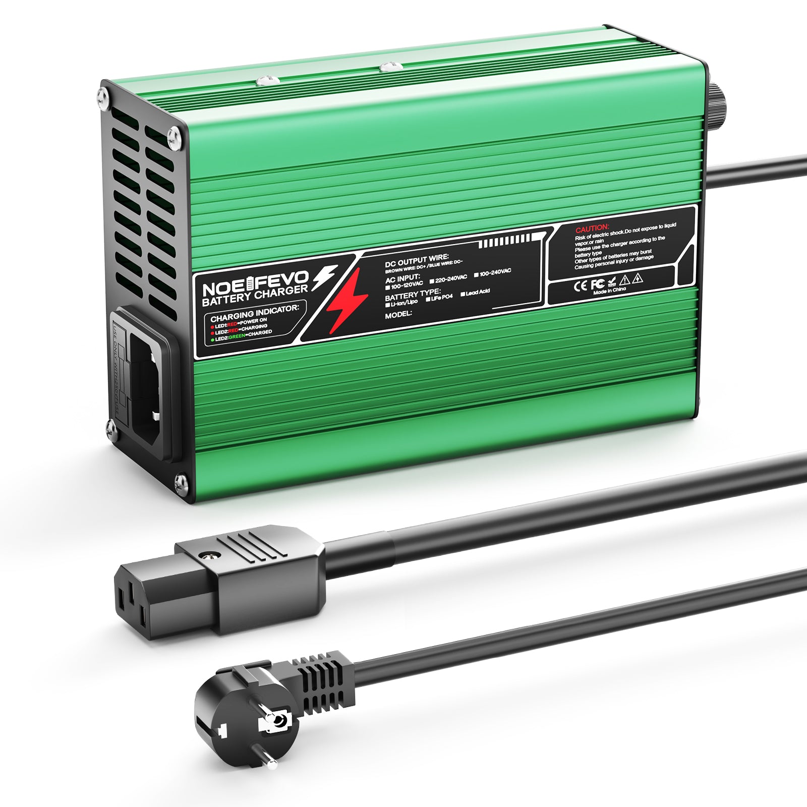 NOEIFEVO 33.6V 2A 3A 4A 5A Carregador de Lítio para Baterias 8S 29.6V Li-Ion Lipo, Ventoinha de Resfriamento, Desligamento Automático (VERDE)