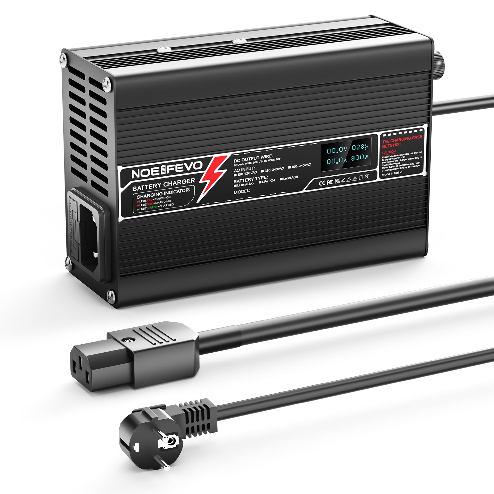 מטען ליתיום NOEIFEVO 21V 4A עבור סוללות 5S 18.5V Li-Ion Lipo, עם תצוגת LCD, מאוורר קירור, כיבוי אוטומטי.