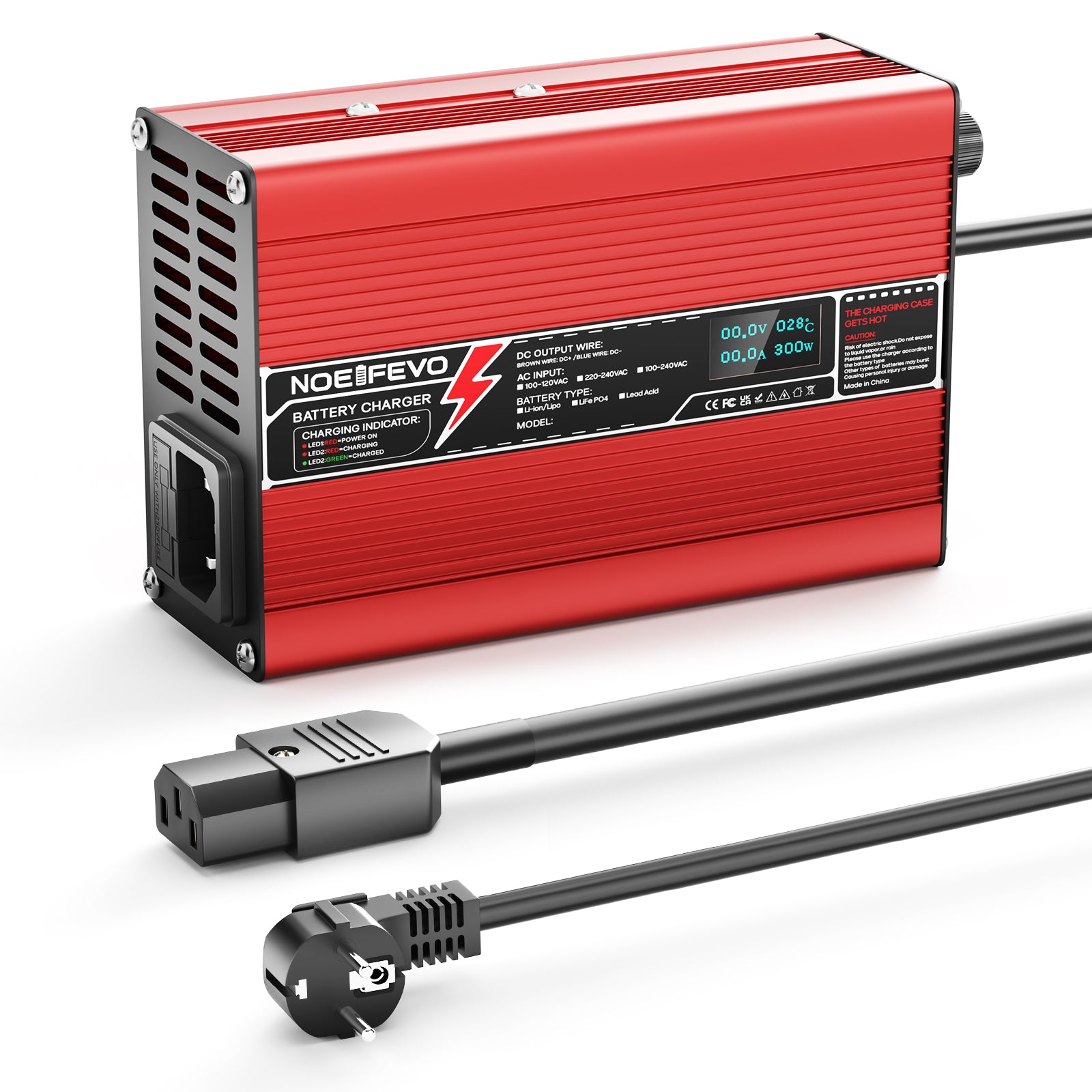 NOEIFEVO 33.6V 2A 3A 4A 5A Carregador de Lítio para Baterias 8S 29.6V Li-Ion Lipo, Ventoinha de Refrigeração, Desligamento Automático (Vermelho)