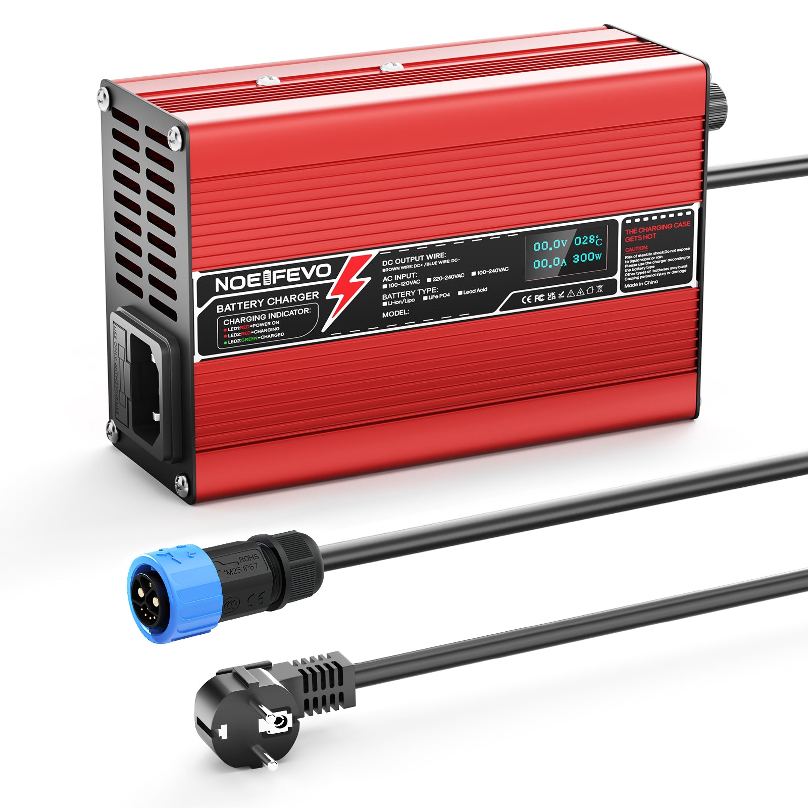 NOEIFEVO 12,6V 10A Carregador de Lítio para Baterias 3S 11,1V Li-Ion Lipo, Ventilador de Resfriamento, Desligamento Automático (Vermelho)