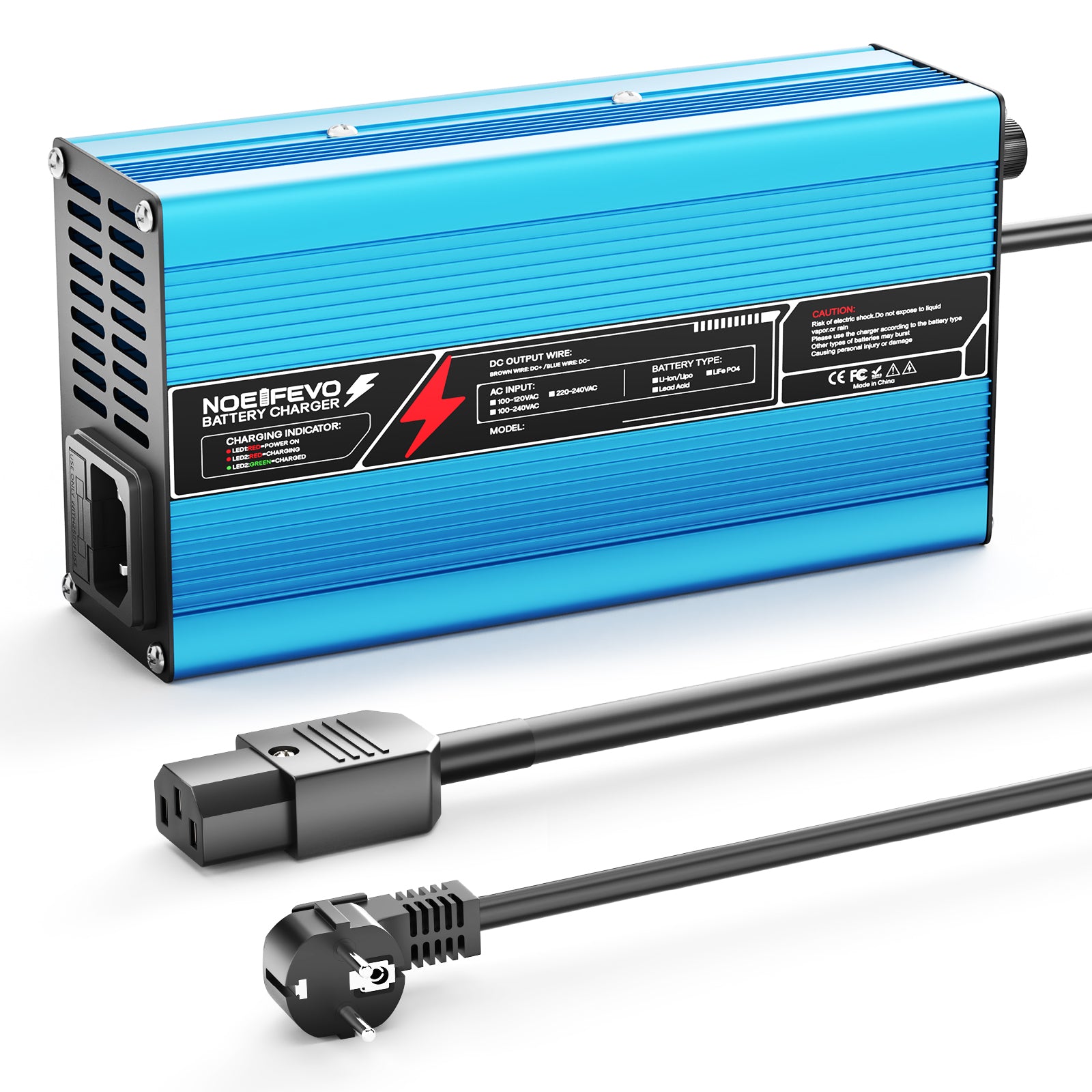 NOEIFEVO 42V 10A 10S Lithium-batterijlader, voor 10S 37V Li-Ion batterij, automatische uitschakeling, aluminium behuizing, met ventilator (blauw)