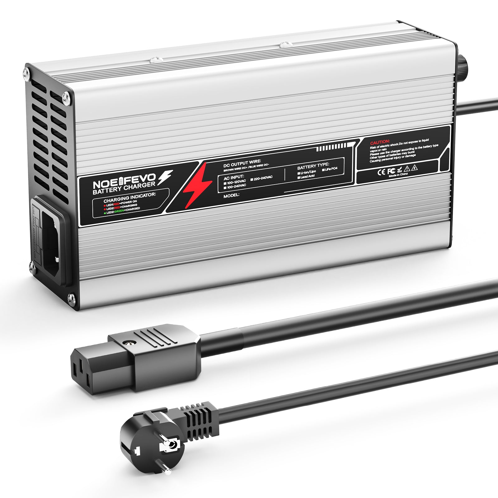 NOEIFEVO 54,75V 8A LiFePO4 Carregador de bateria para bateria 48V 15S Invólucro em alumínio com desligar automático com ventilador (prata)