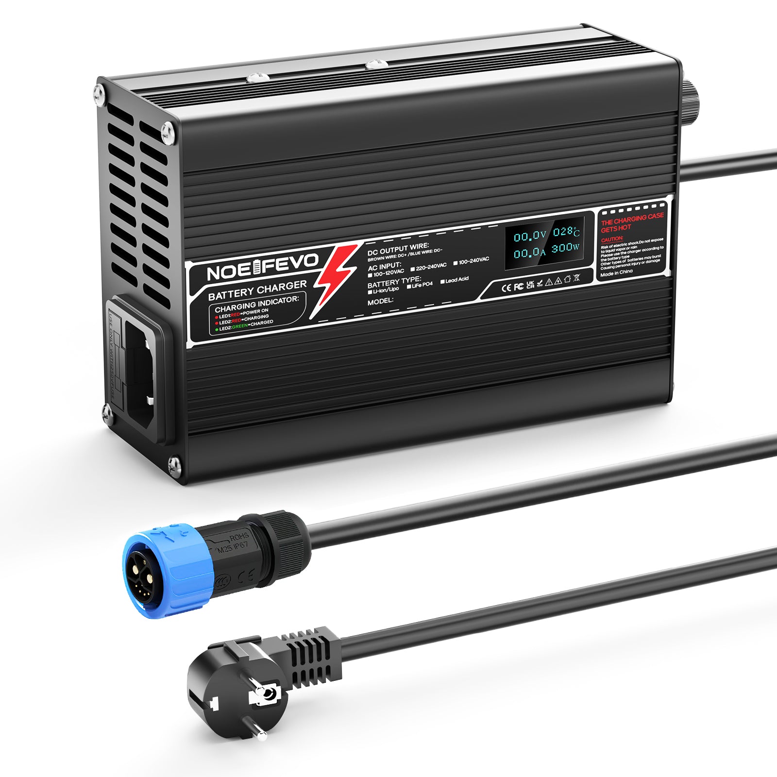 NOEIFEVO 33.6V 5A מטען ליתיום עבור סוללות 8S 29.6V Li-Ion Lipo, מאוורר קירור, כיבוי אוטומטי (שחור)