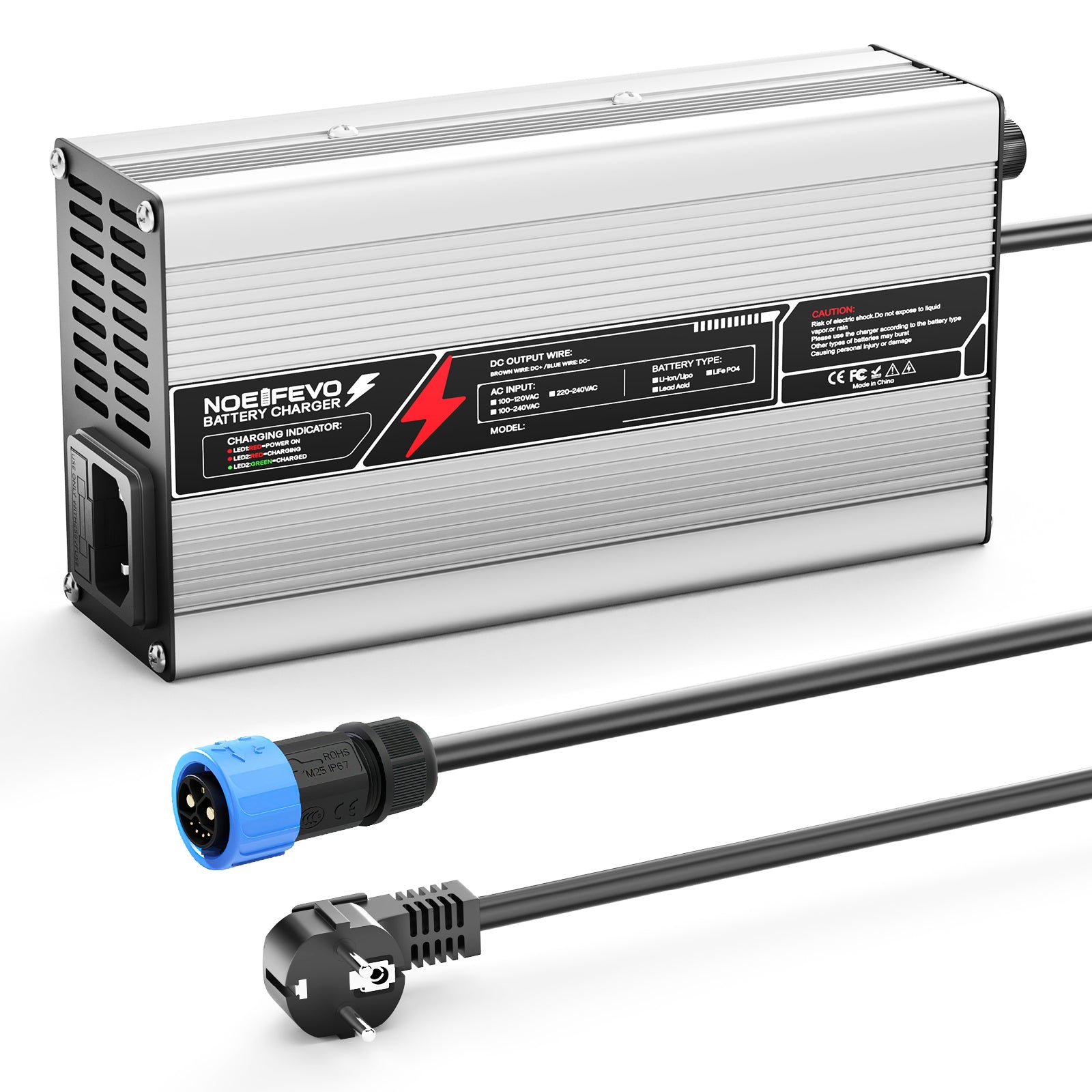 NOEIFEVO 54,75V 8A LiFePO4 Carregador de bateria para bateria 48V 15S Invólucro em alumínio com desligar automático com ventilador (prata)