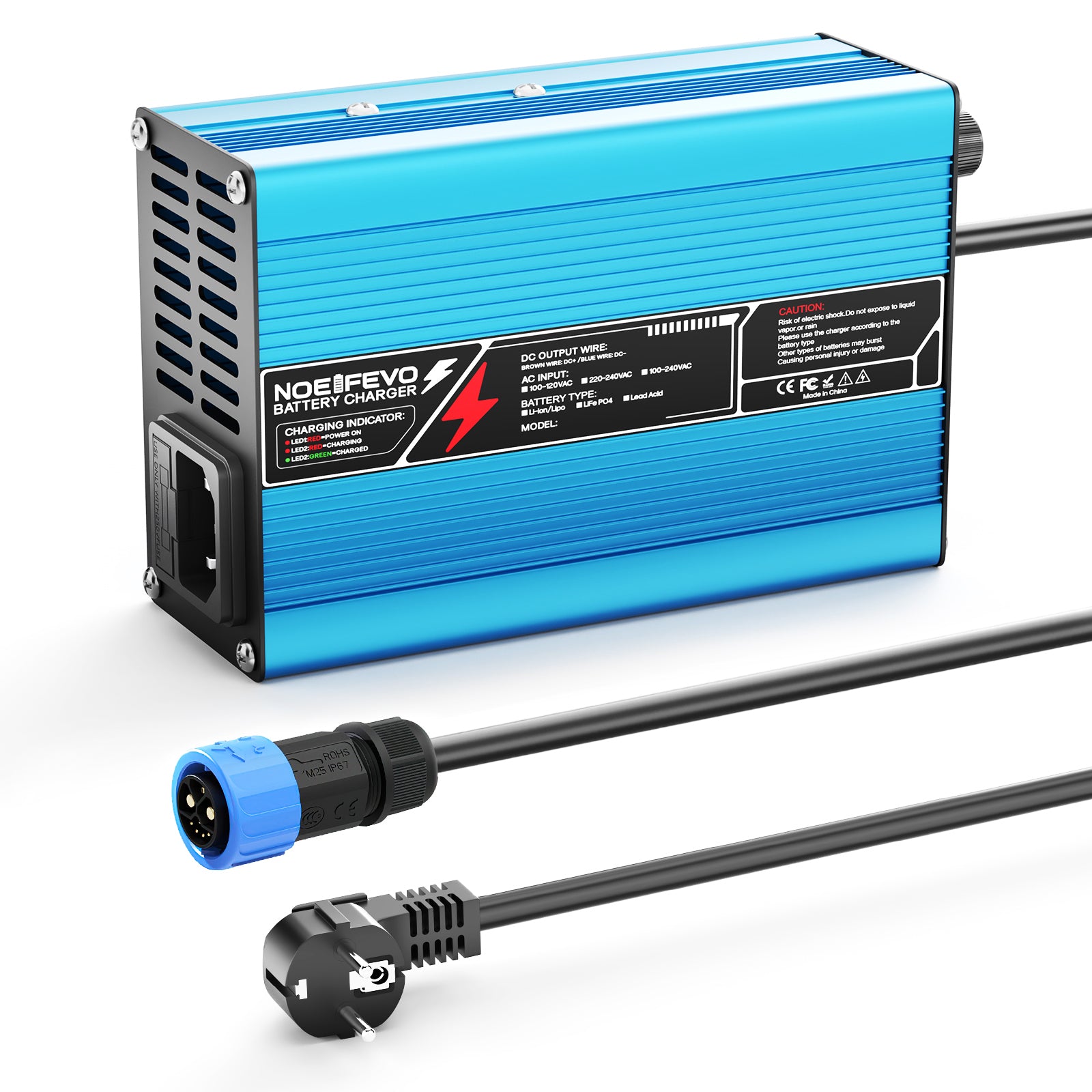 NOEIFEVO 36.5V 2A 3A 3.5A 4A LiFePO4 Batterie-Ladegerät für 10S 32V LiFePO4 Batterie,  automatischer Abschaltung（BLUE）