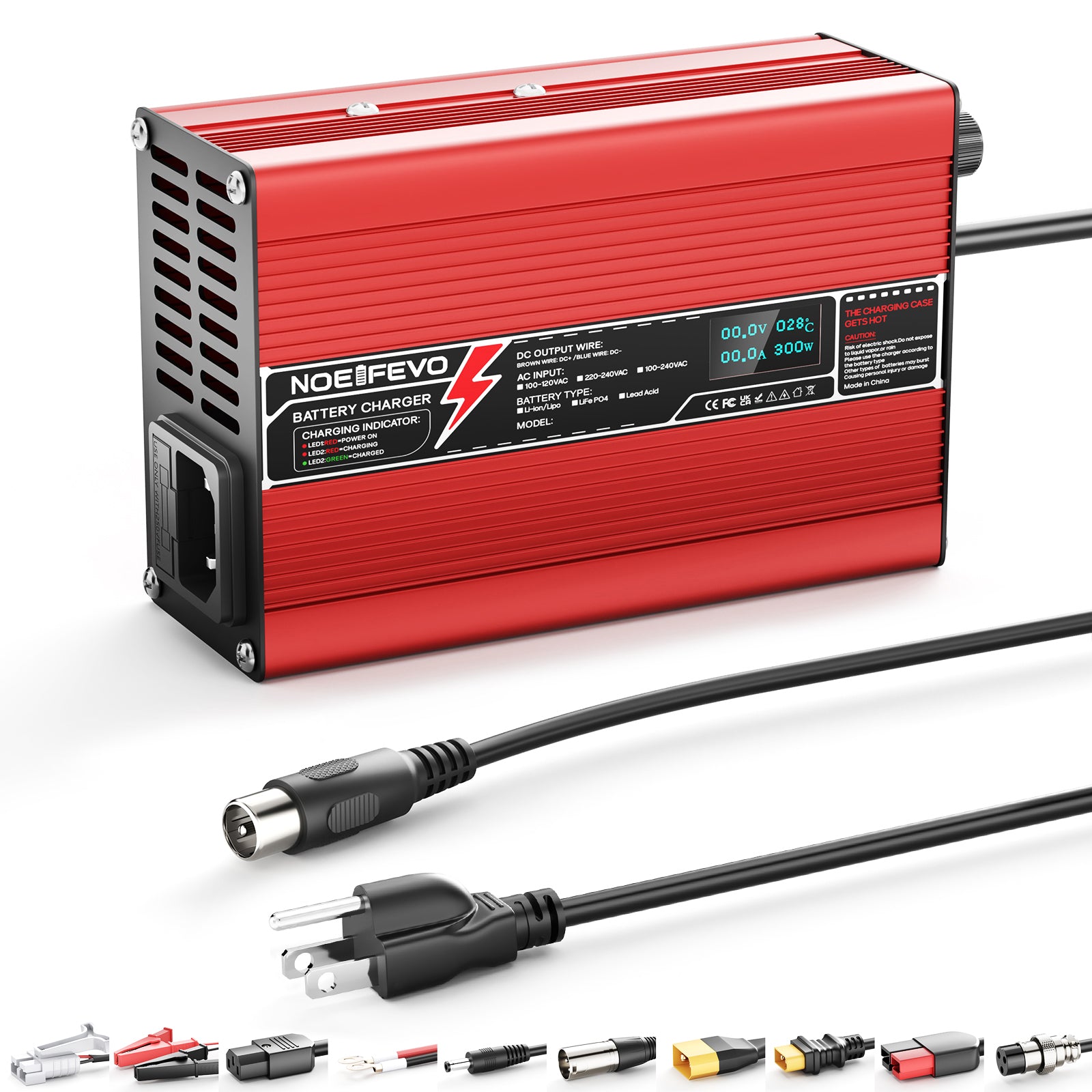 NOEIFEVO 41.4V-44.1V 2A 3A 3.5A 4A Carregador de Bateria de Chumbo-Ácido para Bateria de 36V, com Tela LCD, Ventilador de Refrigeração, Desligamento Automático (VERMELHO)