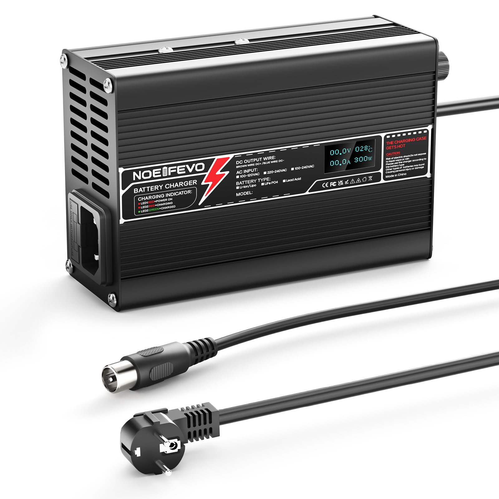 Caricabatterie al litio NOEIFEVO 71.4V 4A per batteria Li-Ion Lipo 17S 62.9V, caricabatterie per bici elettrica e monopattino, display LED, custodia in alluminio