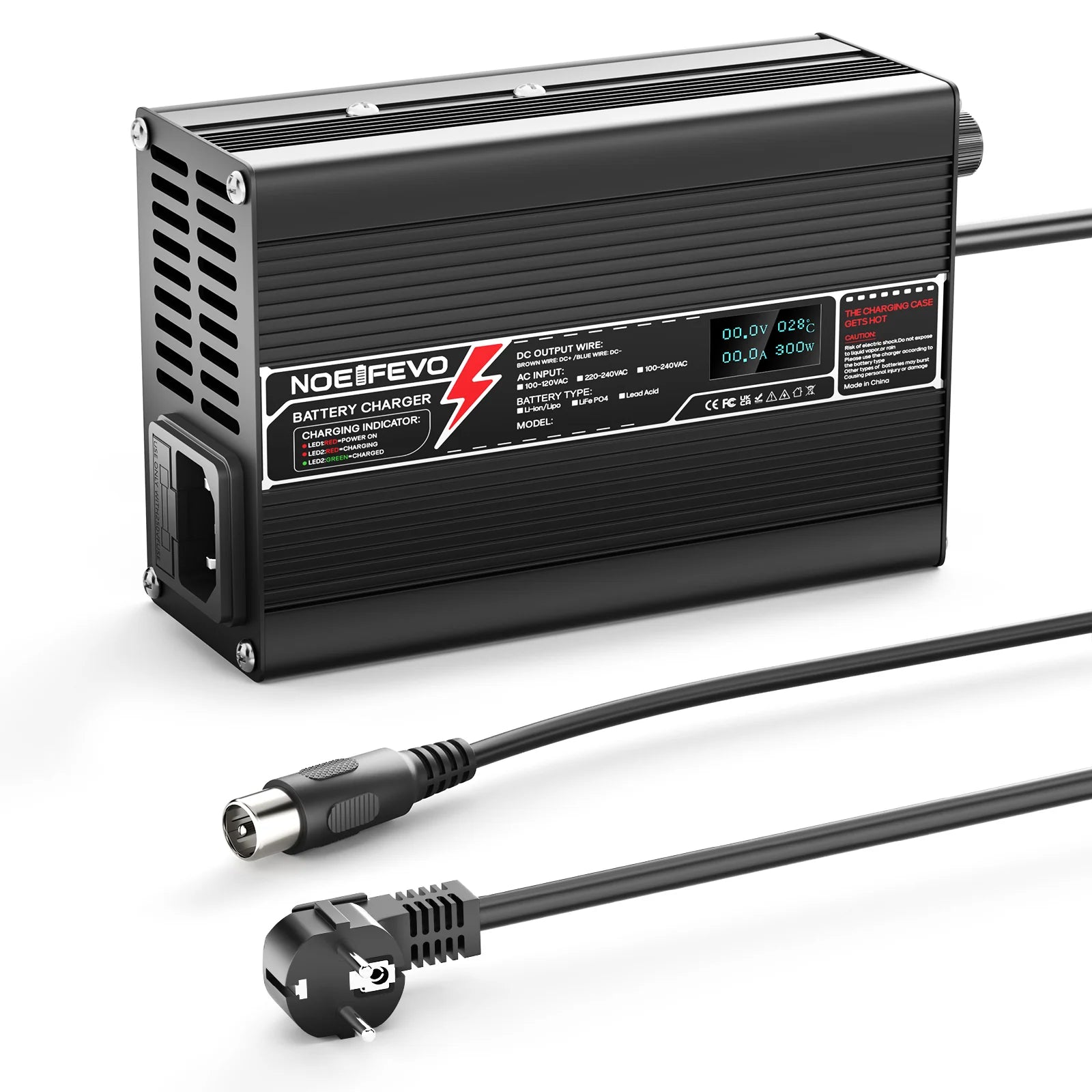 NOEIFEVO 36.5V 2A LiFePO4 Carregador de bateria para bateria 10S 32V LiFePO4, com visor LCD, ventilador de refrigeração, desligar automático