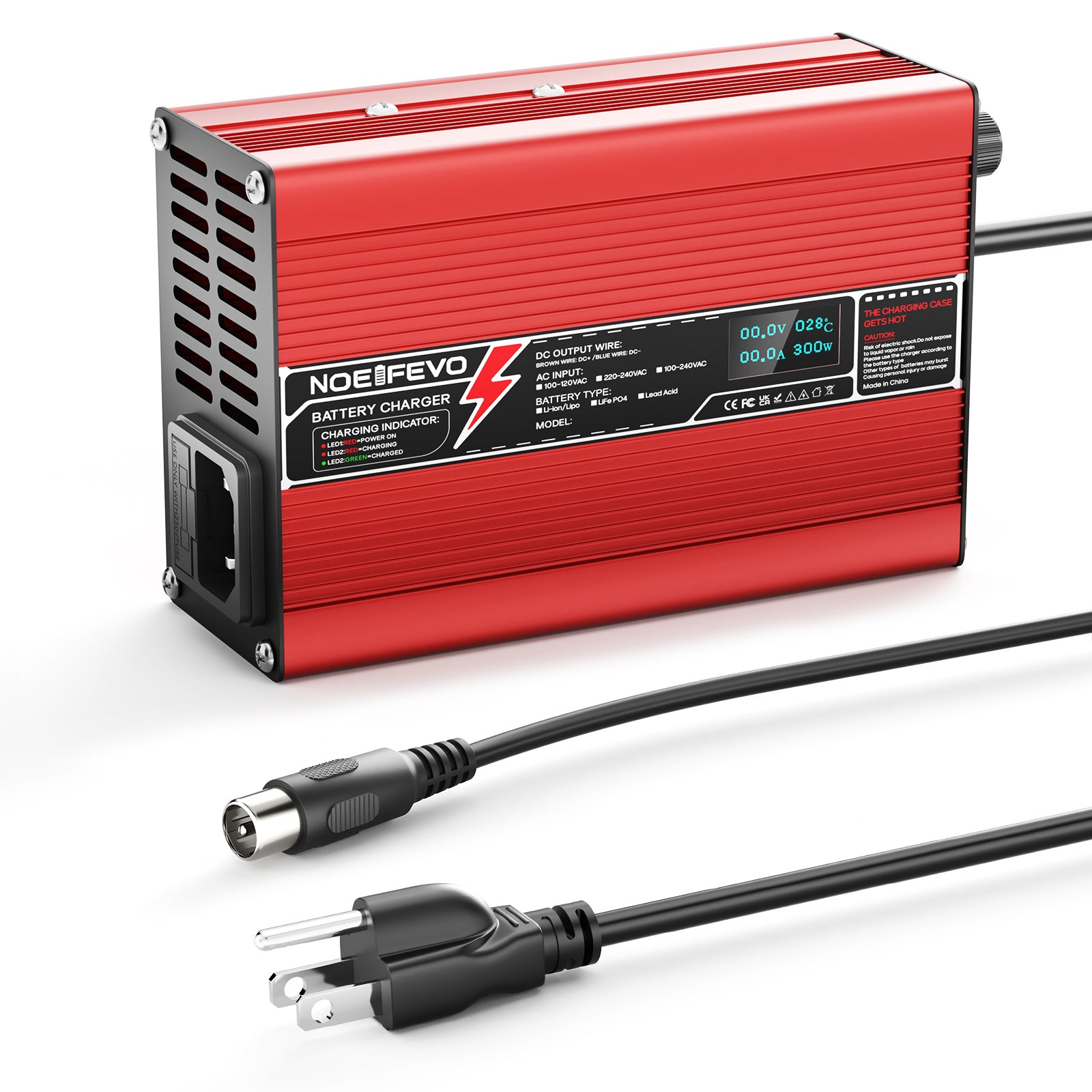 Carregador de Lítio NOEIFEVO 25,2V 2A 3A 4A 5A para Baterias Li-Ion Lipo 6S 22,2V, Ventilador de Resfriamento, Desligamento Automático (VERMELHO)