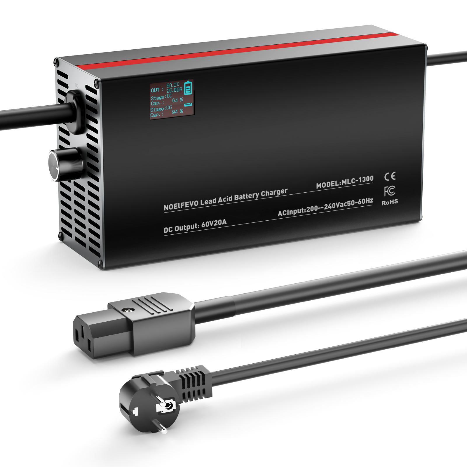 NOEIFEVO 48V 2A-20A Stroom Instelbaar Acculader voor Loodzuuraccu's, AGM, Gel, Golfwagen Acculader, LED-display