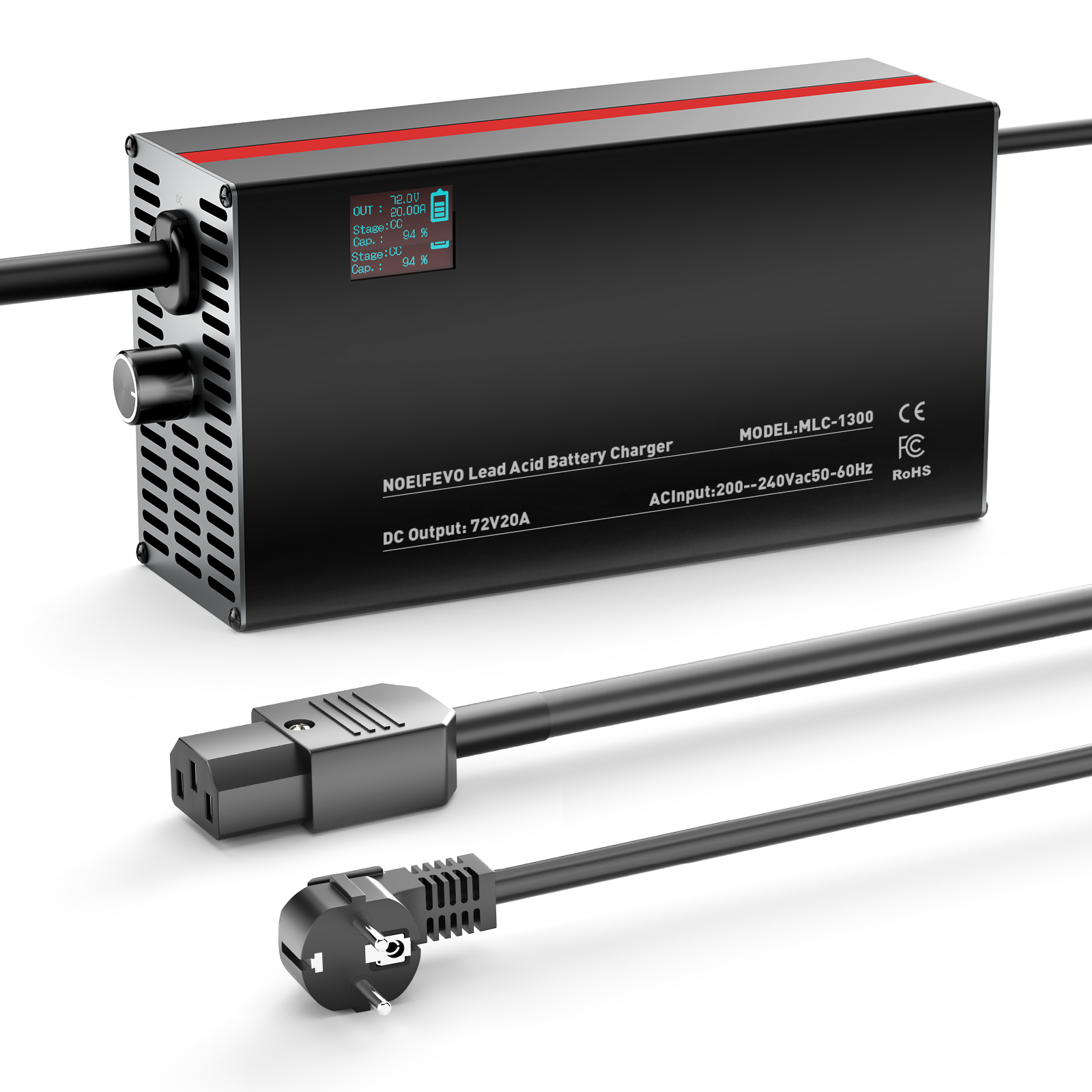 NOEIFEVO 72V 2A-20A Stroom Instelbaar Acculader voor Loodzuuraccu's, AGM, Gel, Golfwagen Acculader, LED-display