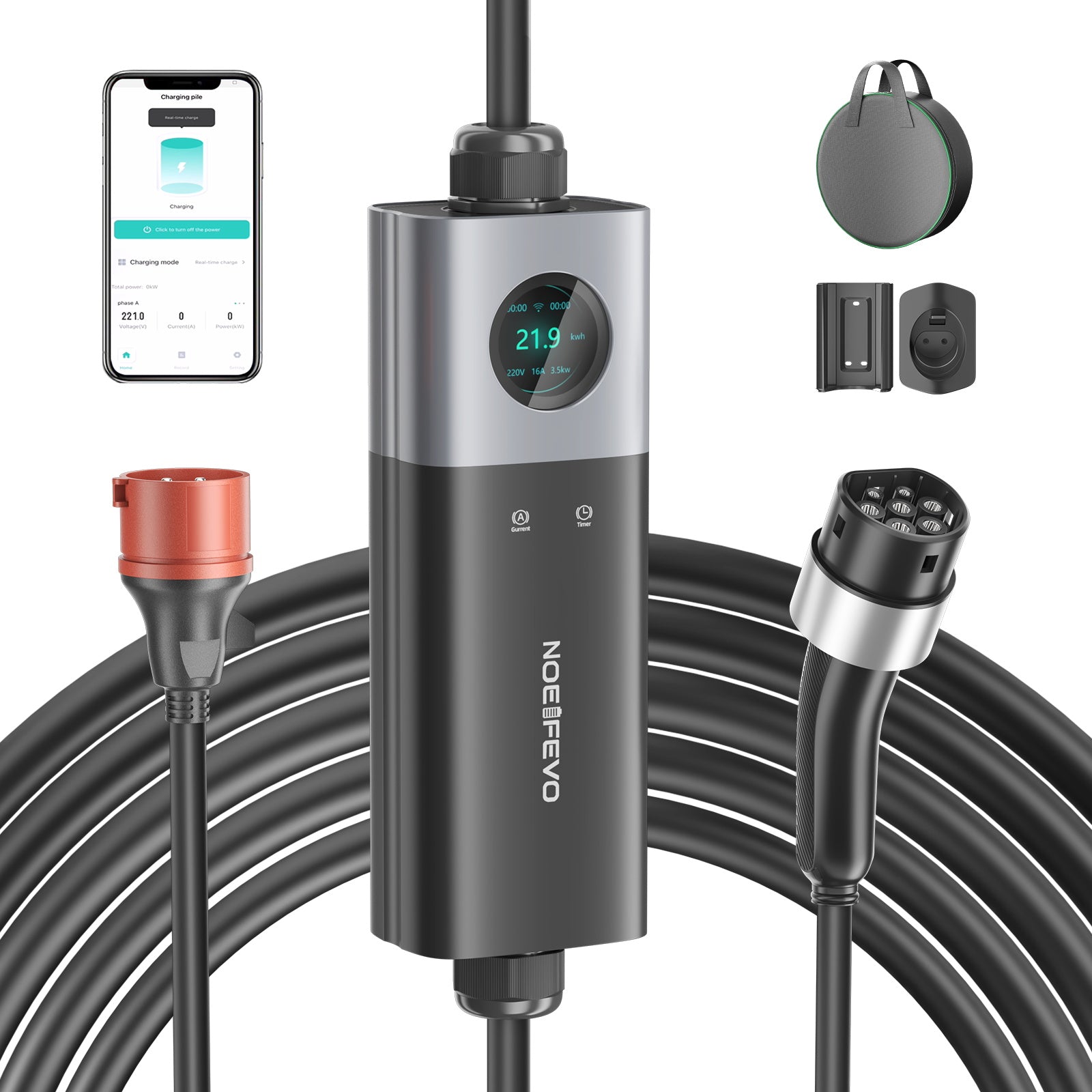 NOEIFEVO Q21W Wlan coche eléctrico Cargador móvil Wallbox 11kW con APP mando a distancia ,5m/10m Tipo2 CEE16A cable de carga trifásico 