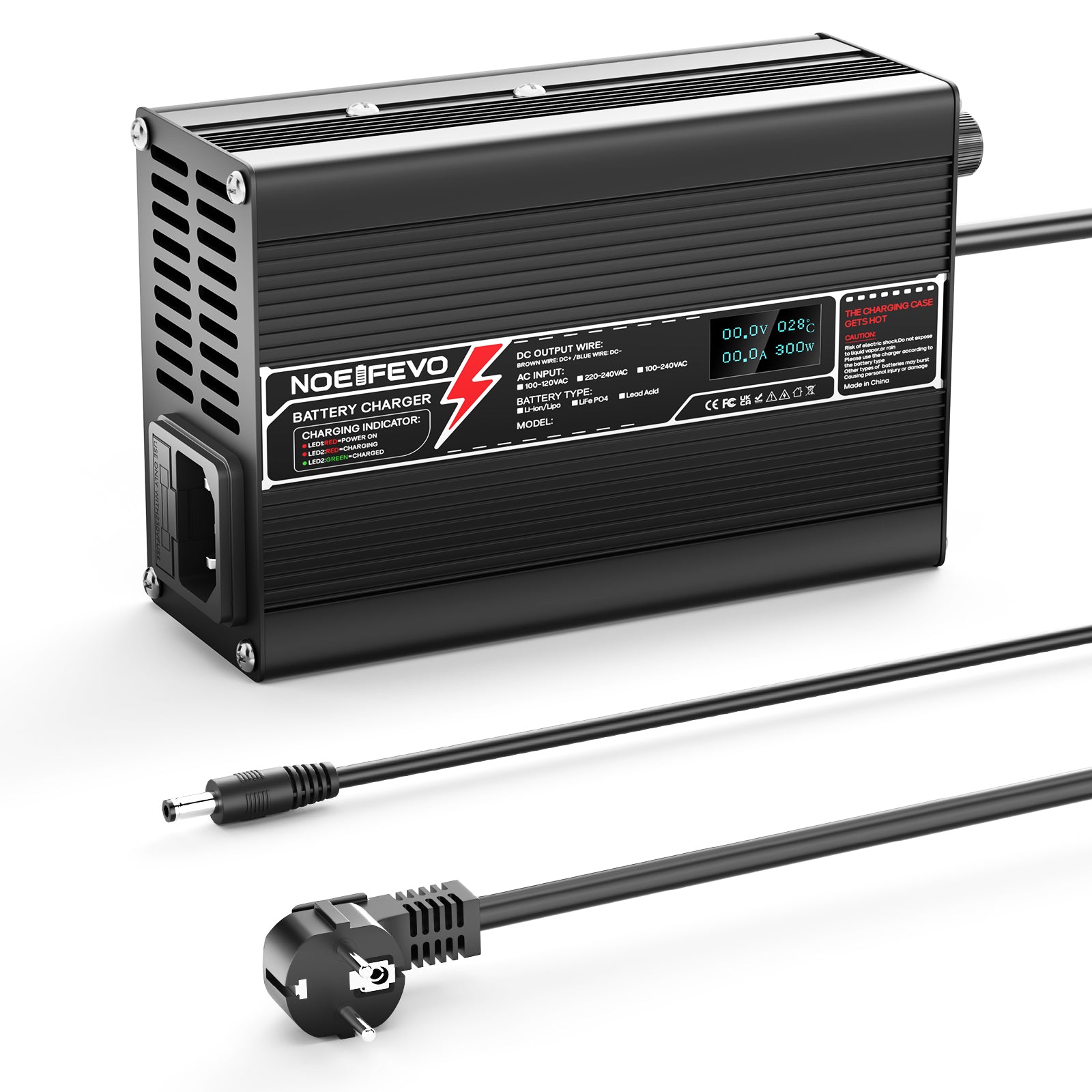 NOEIFEVO 27.6V-29.4V 5A Carregador de Bateria de Chumbo-Ácido para Bateria de 24V, Ventilador de Resfriamento, Desligamento Automático (PRETO)