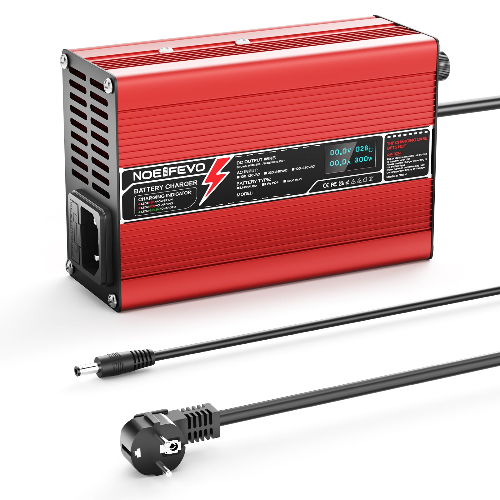 NOEIFEVO 33.6V 2A 3A 4A 5A Carregador de Lítio para Baterias 8S 29.6V Li-Ion Lipo, Ventoinha de Refrigeração, Desligamento Automático (Vermelho)