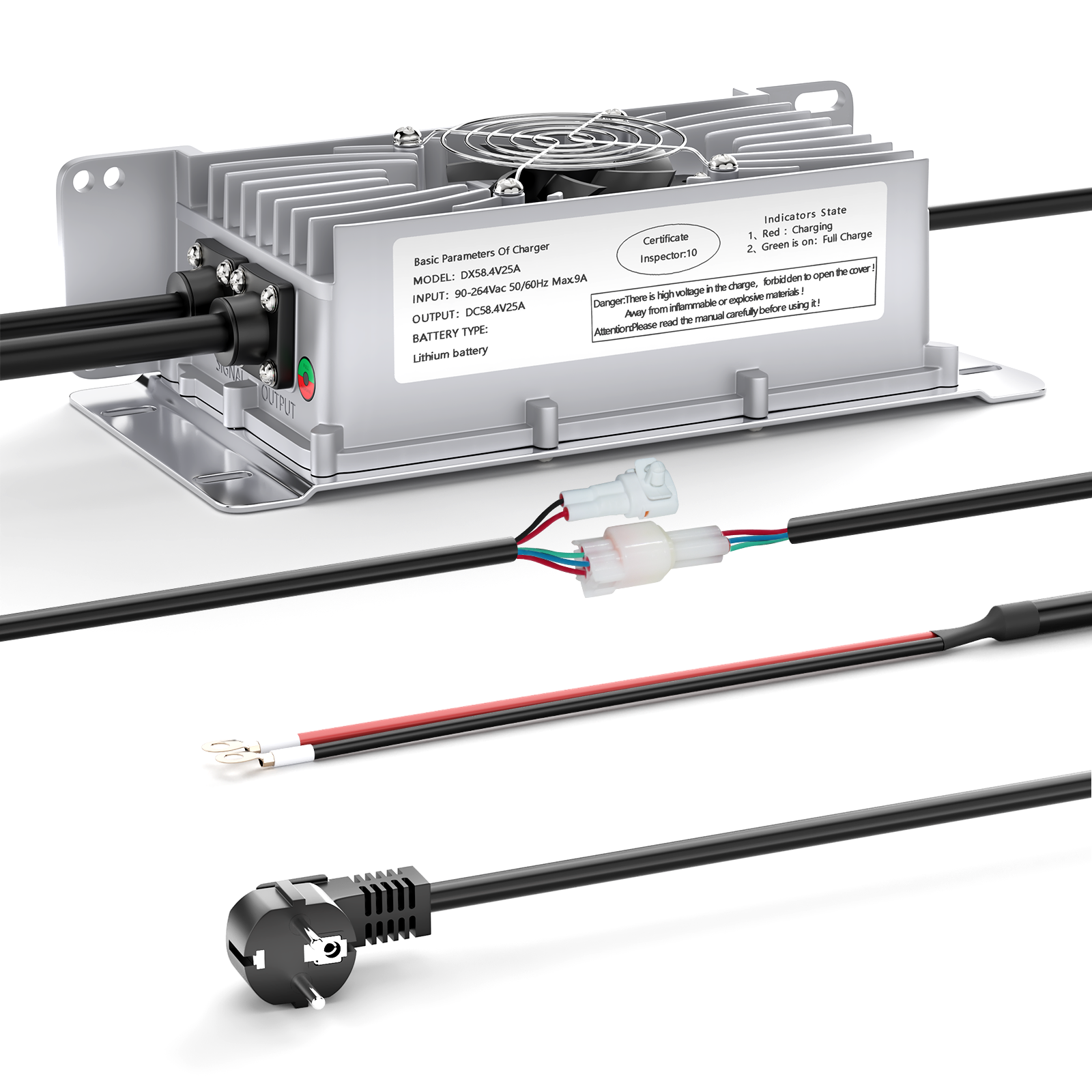 NOEIFEVO 48V 25A Nabíjačka batérií Lithium-Lifepo4, nabíjacie napätie 58,4V pre batériu 48V (51,2V) 16S, vodeodolná, aktivácia BMS pri 0V, s uzamykacím káblom pre elektrické vozidlá, elektrobicykle a golfové vozíky