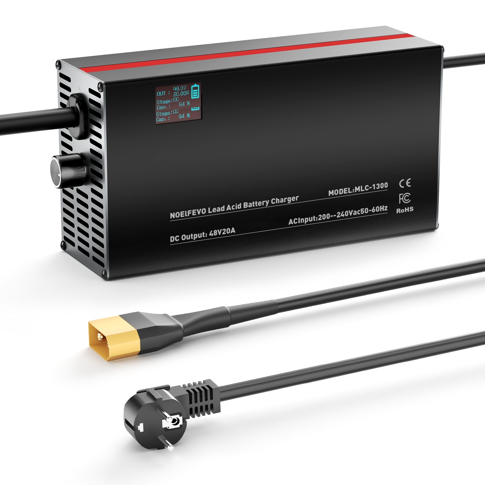 NOEIFEVO 48V 2A-20A Stroom Instelbaar Acculader voor Loodzuuraccu's, AGM, Gel, Golfwagen Acculader, LED-display