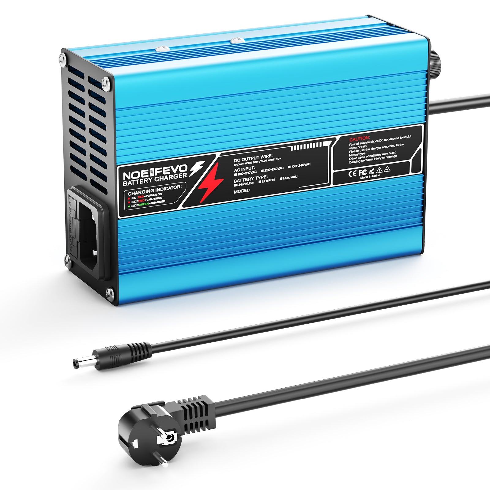 Carregador de Bateria LiFePO4 NOEIFEVO 36.5V 2A 3A 3.5A 4A para Bateria LiFePO4 10S 32V, com Desligamento Automático (AZUL).