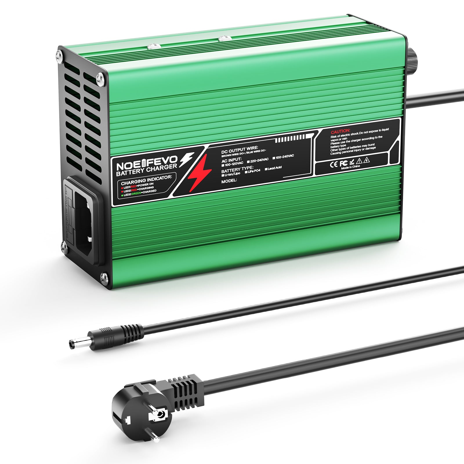 NOEIFEVO 37.8V 2A 3A 3.5A 4A Carregador de Lítio para Baterias Li-Ion Lipo 9S 33.3V, com Ventilador de Resfriamento e Desligamento Automático (VERDE)