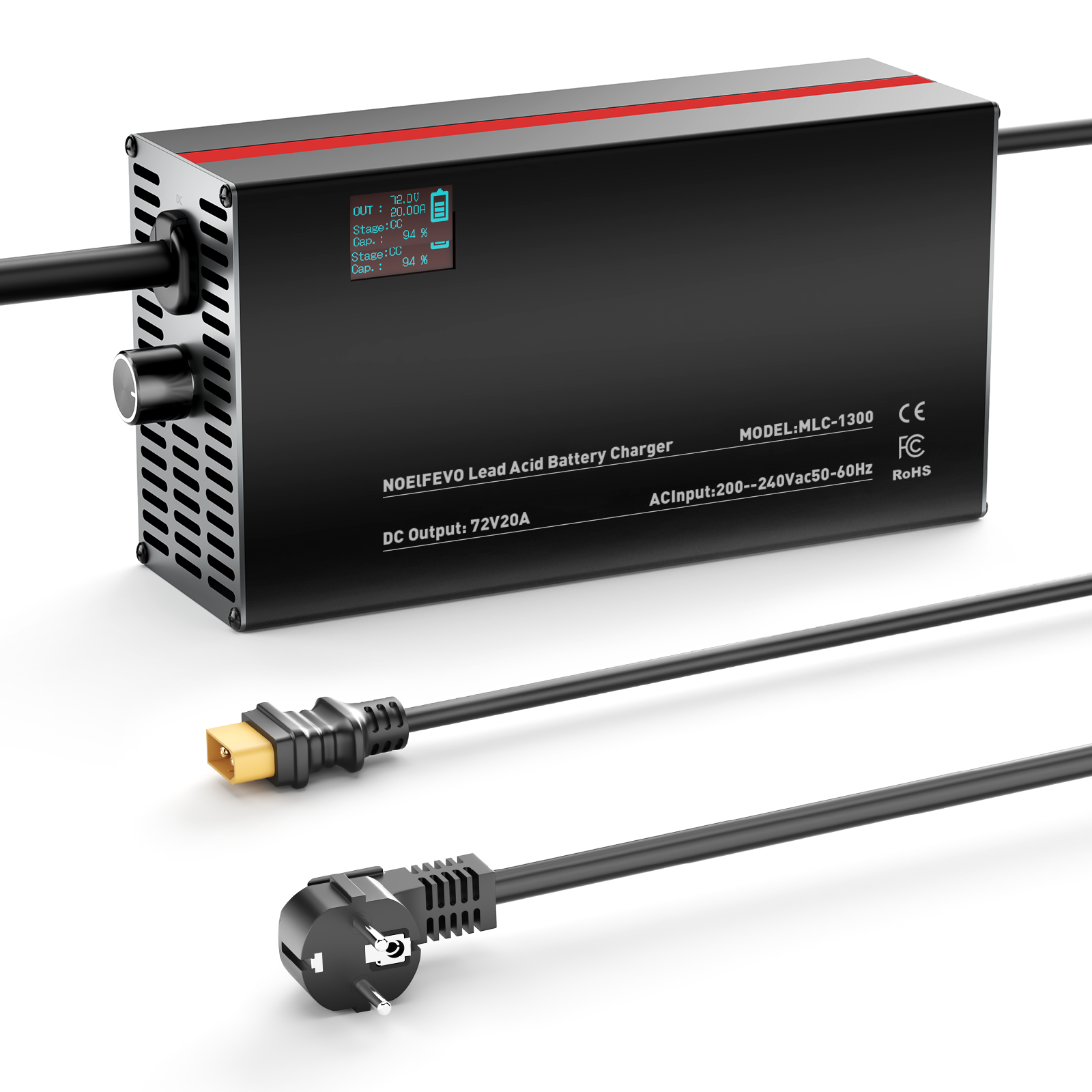 NOEIFEVO 72V 2A-20A Stroom Instelbaar Acculader voor Loodzuuraccu's, AGM, Gel, Golfwagen Acculader, LED-display
