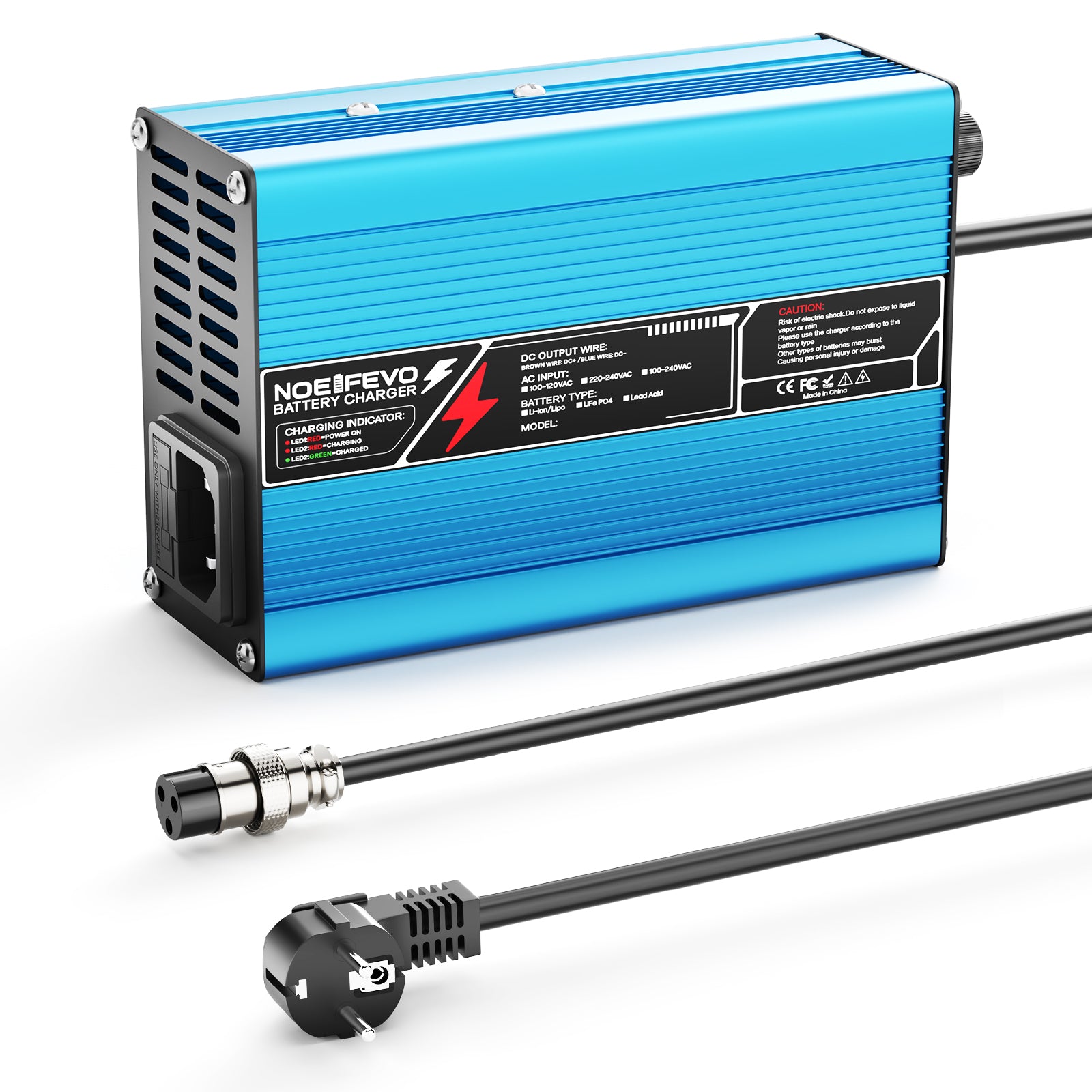 NOEIFEVO 12,6V 10A lithium-oplader til 3S 11,1V Li-Ion Lipo-batterier, køleventilator, automatisk afbrydelse (BLÅ)