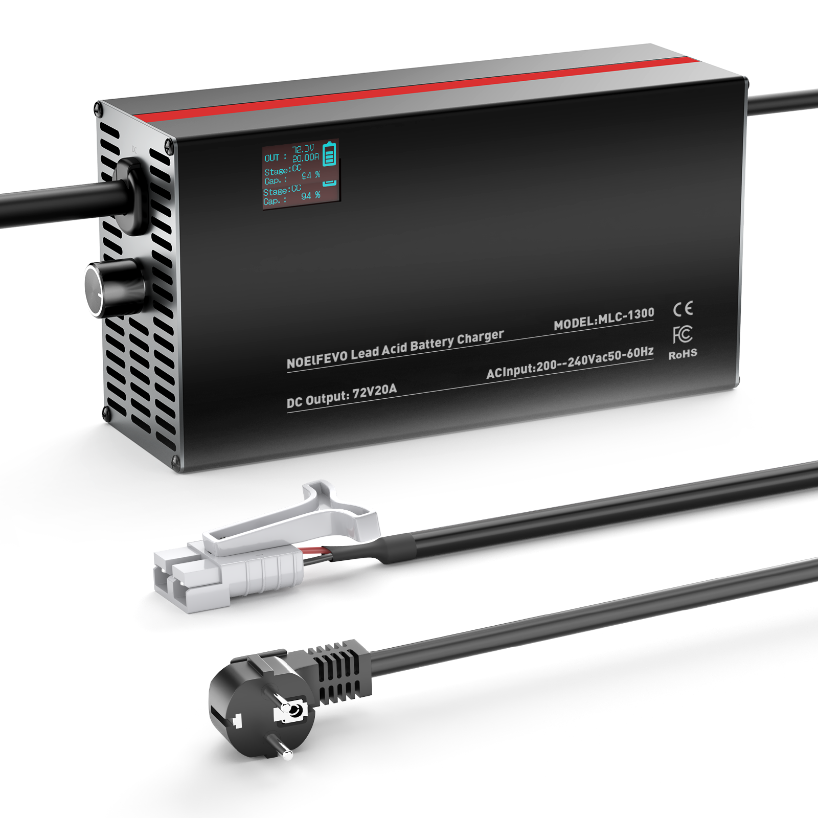 NOEIFEVO 72V 2A-20A Stroom Instelbaar Acculader voor Loodzuuraccu's, AGM, Gel, Golfwagen Acculader, LED-display