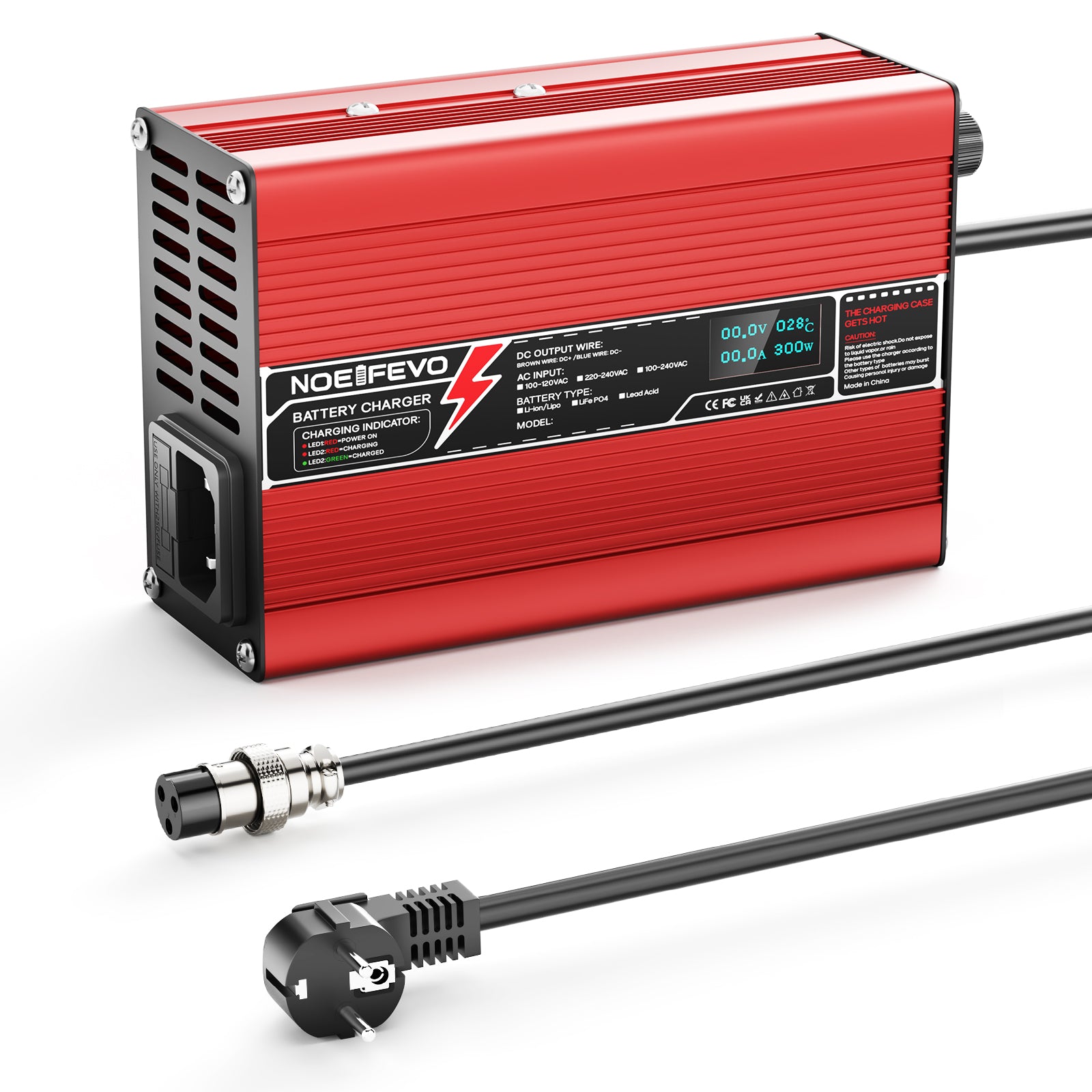 NOEIFEVO 42V 2A 3A 3.5A 4A Carregador de Bateria de Lítio para Baterias 10S 37V Li-Ion Lipo, Ventilador de Resfriamento, Desligamento Automático (Vermelho)