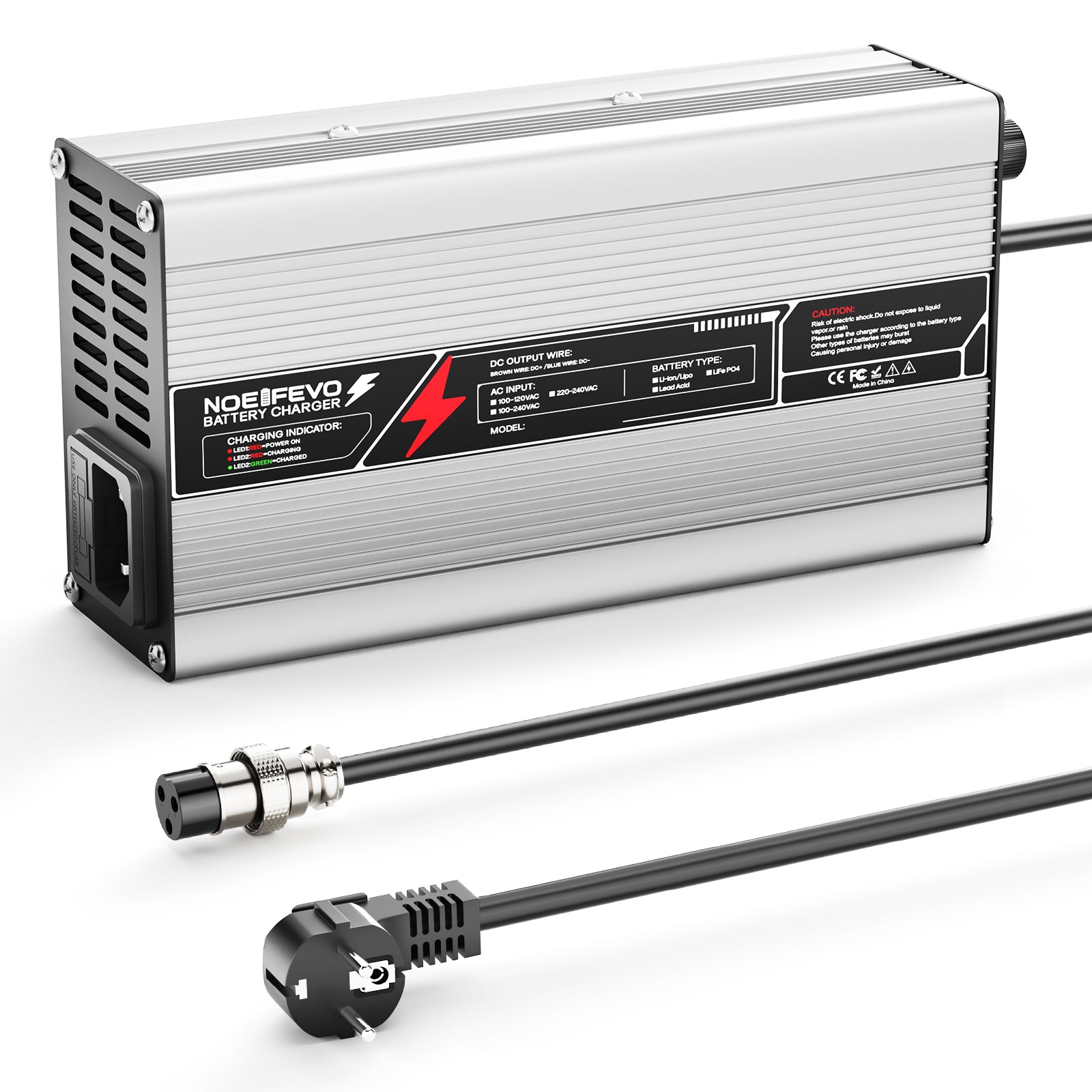 NOEIFEVO 50,4 V 8A Carregador de bateria de lítio para bateria 44,4 V 12S com desligamento automático, caixa de alumínio com ventilador (prata)