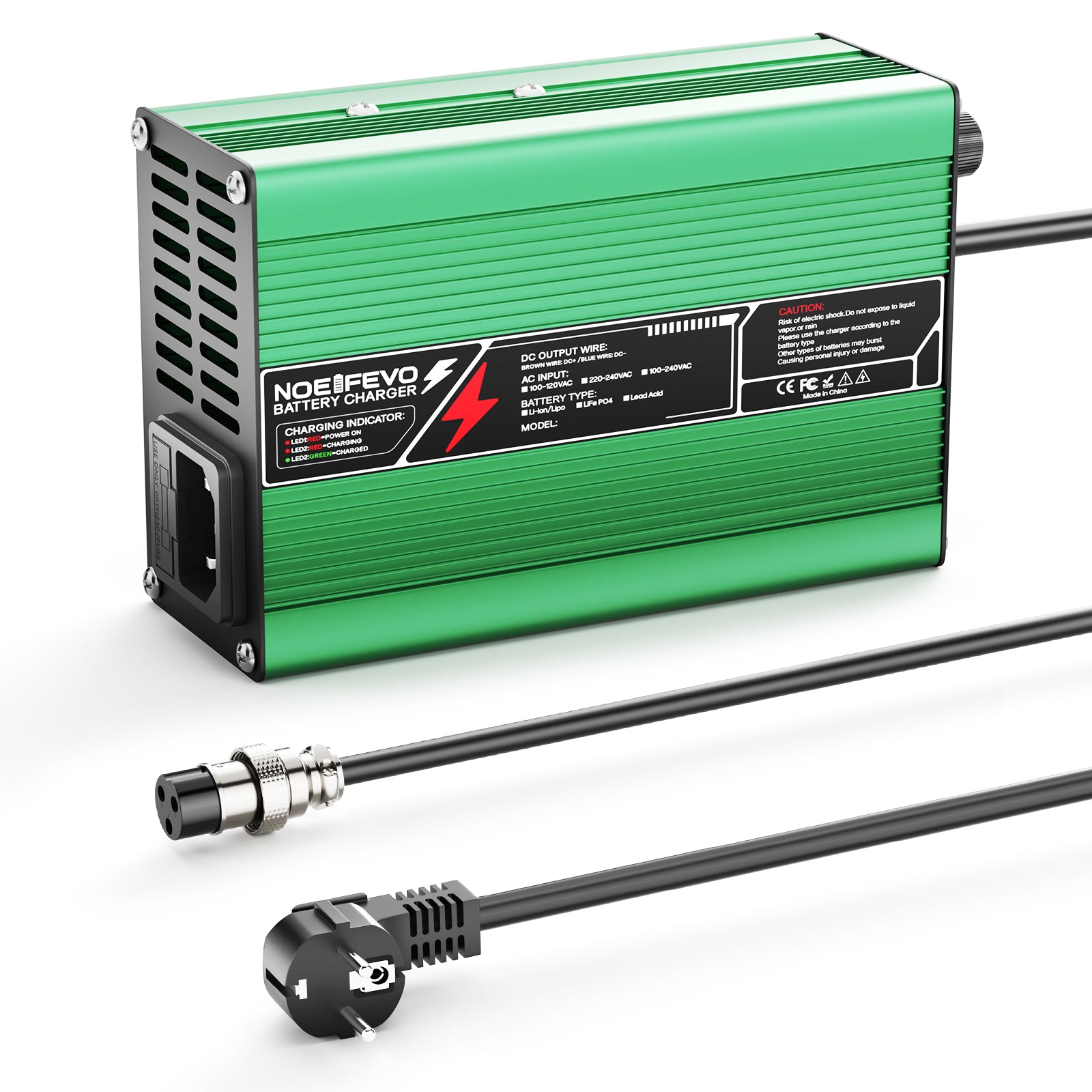 NOEIFEVO 29.4V 2A 3A 4A 5A Carregador de Lítio para Baterias Li-Ion Lipo 7S 25.9V, Ventilador de Resfriamento, Desligamento Automático (VERDE)