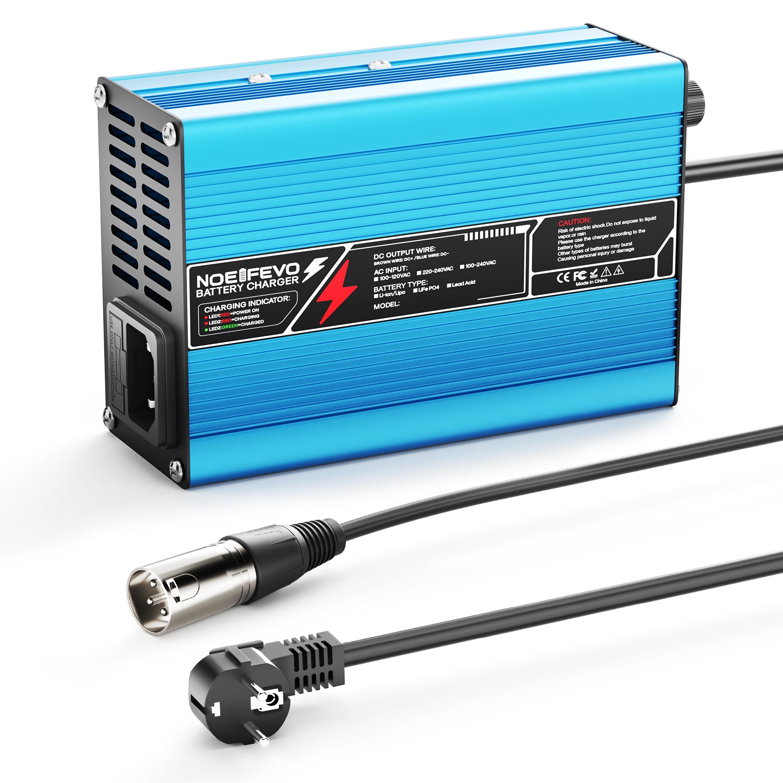 NOEIFEVO 12,6V 10A cargador de litio para baterías Li-Ion Lipo 3S 11,1V, ventilador de refrigeración, apagado automático (AZUL)