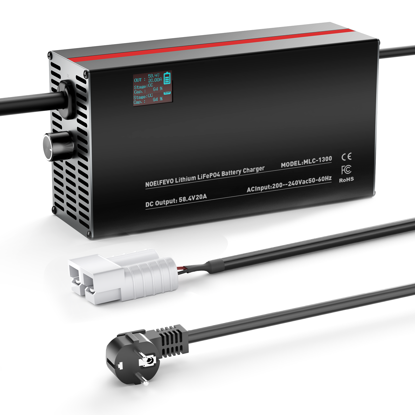 NOEIFEVO 58.4V 2-20A Lithium-LiFePO4-accu-oplader voor 51.2V 16S LiFePO4-accu, LCD-display, instelbare stroom, oplader voor golfwagens, trollingmotor, boot en campers